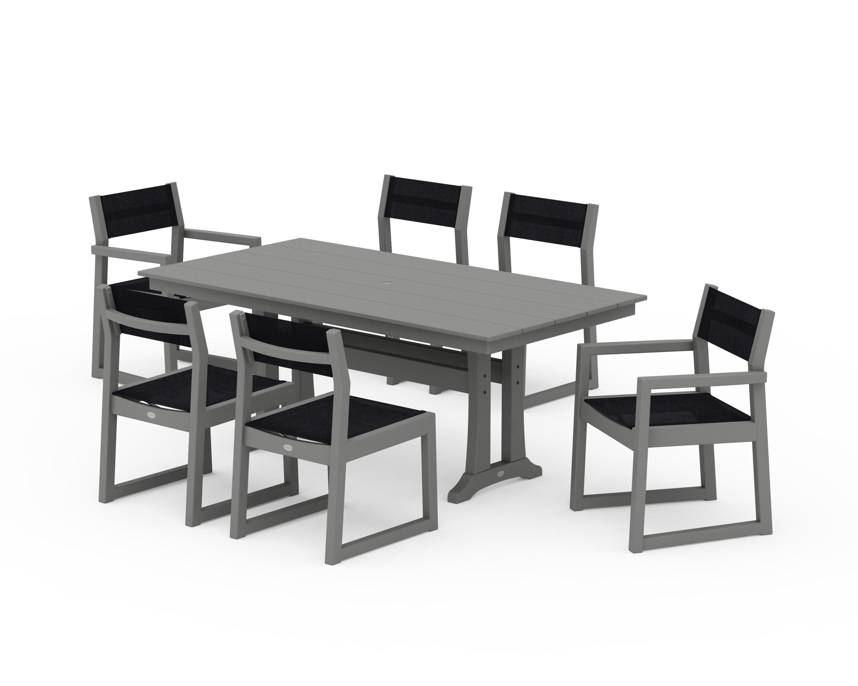 EDGE Sling 7-Piece Farmhouse Trestle Dining Set in Slate Grey / Black Sling