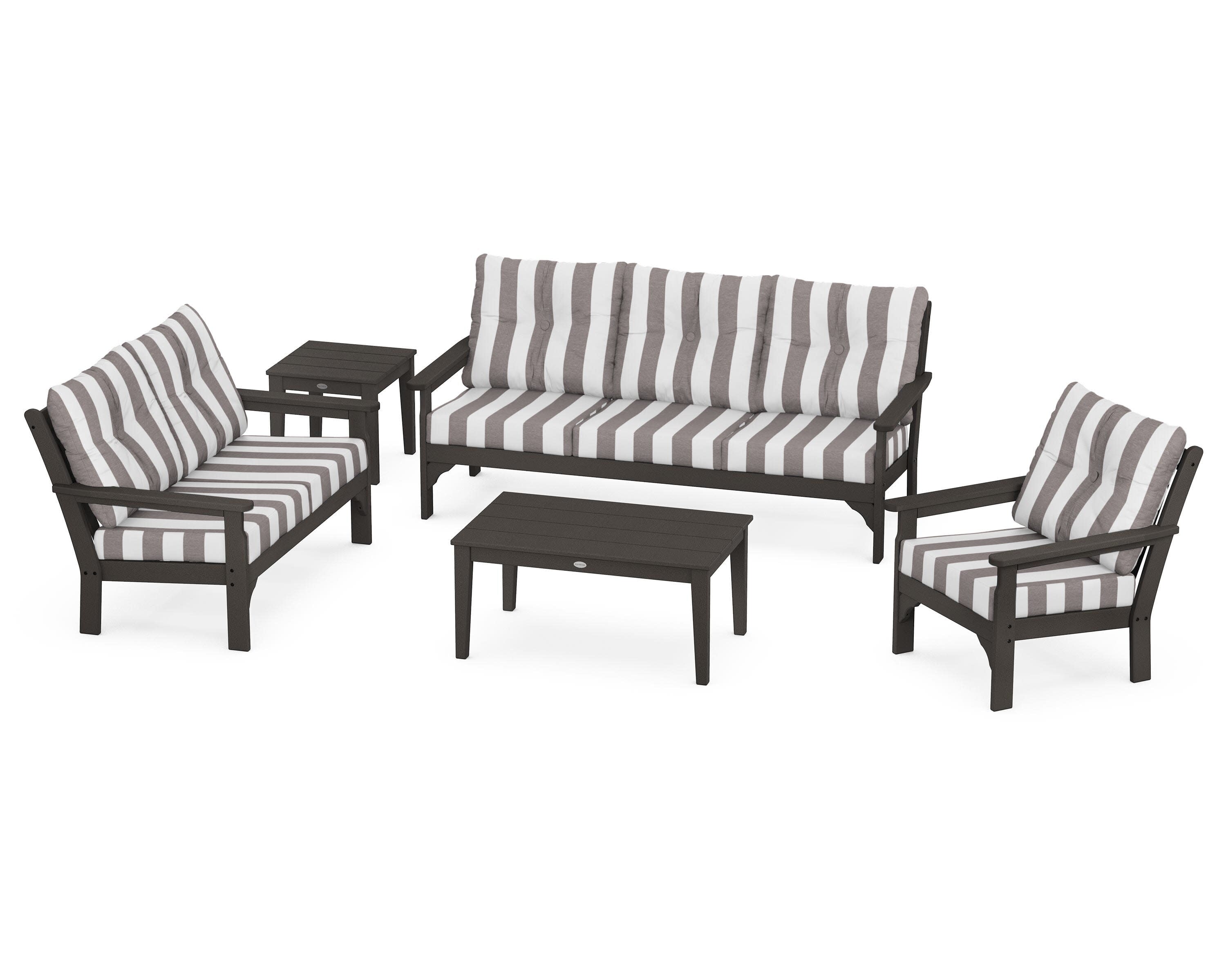 Vineyard 5 Piece Deep Seating Set in Vintage Coffee / Cabana Stripe Grey Mist