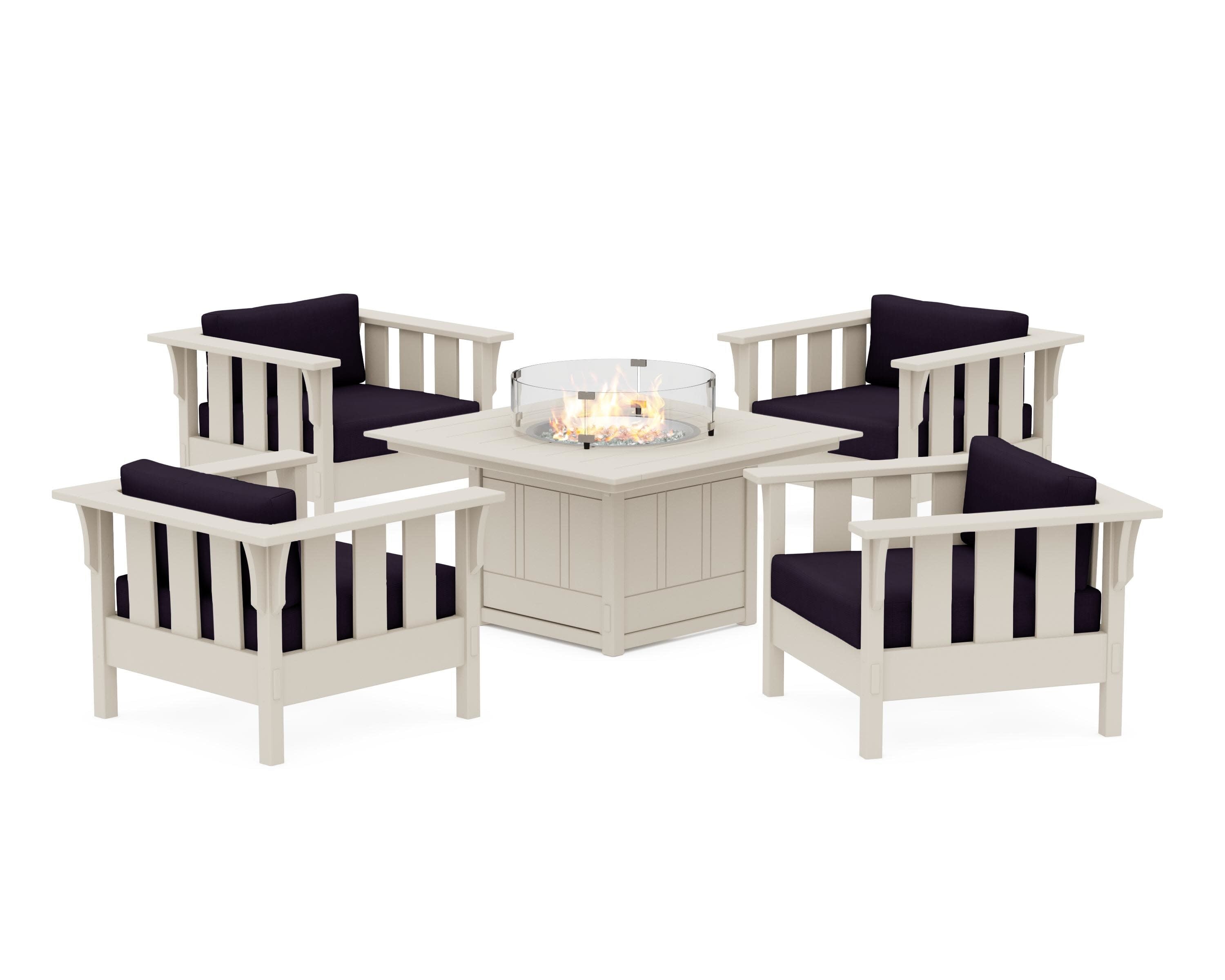 Acadia 5-Piece Deep Seating Set with Fire Pit Table in Sand / Navy Linen