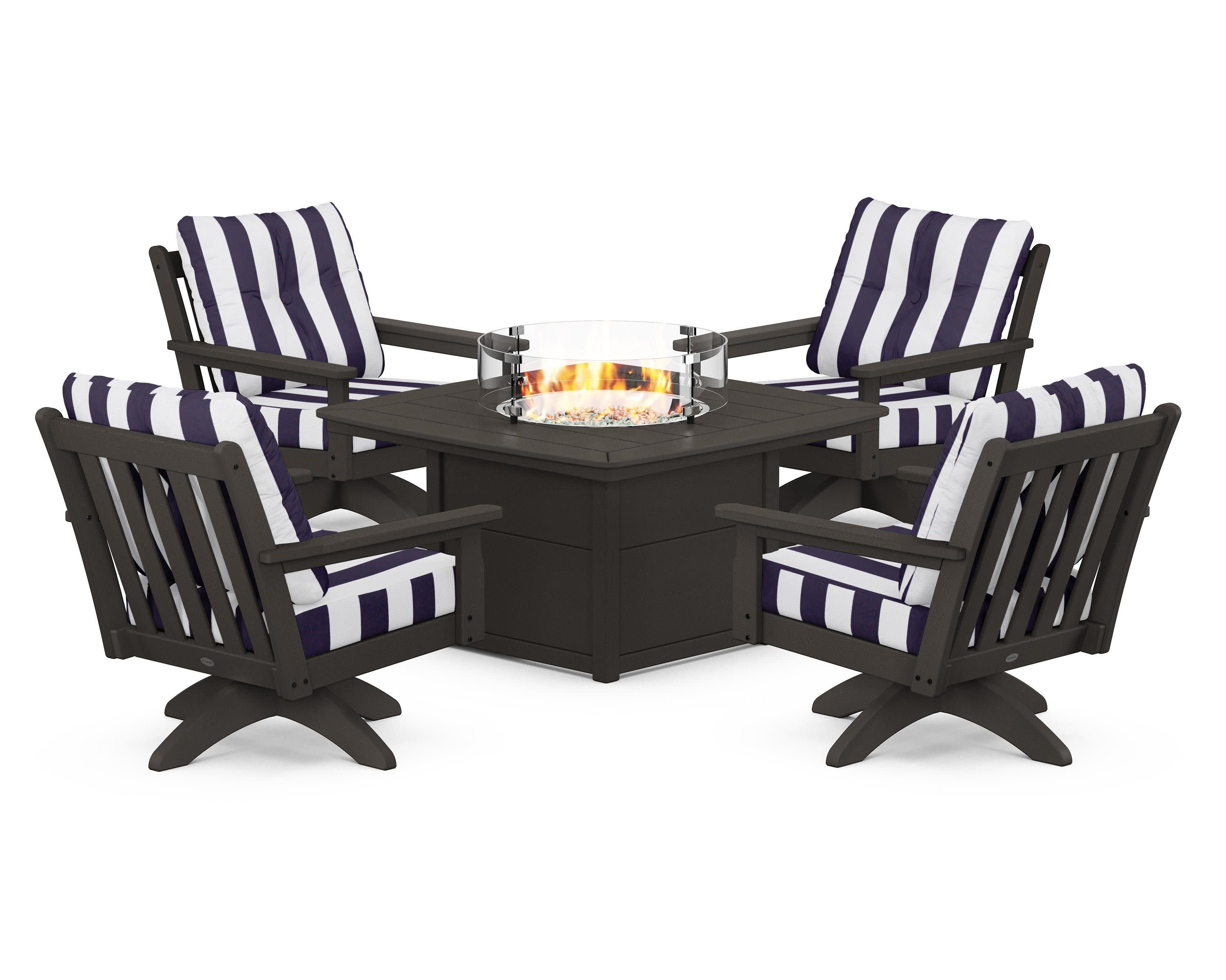 Vineyard 5-Piece Deep Seating Swivel Conversation Set with Fire Pit Table in Vintage Coffee / Cabana Stripe Navy