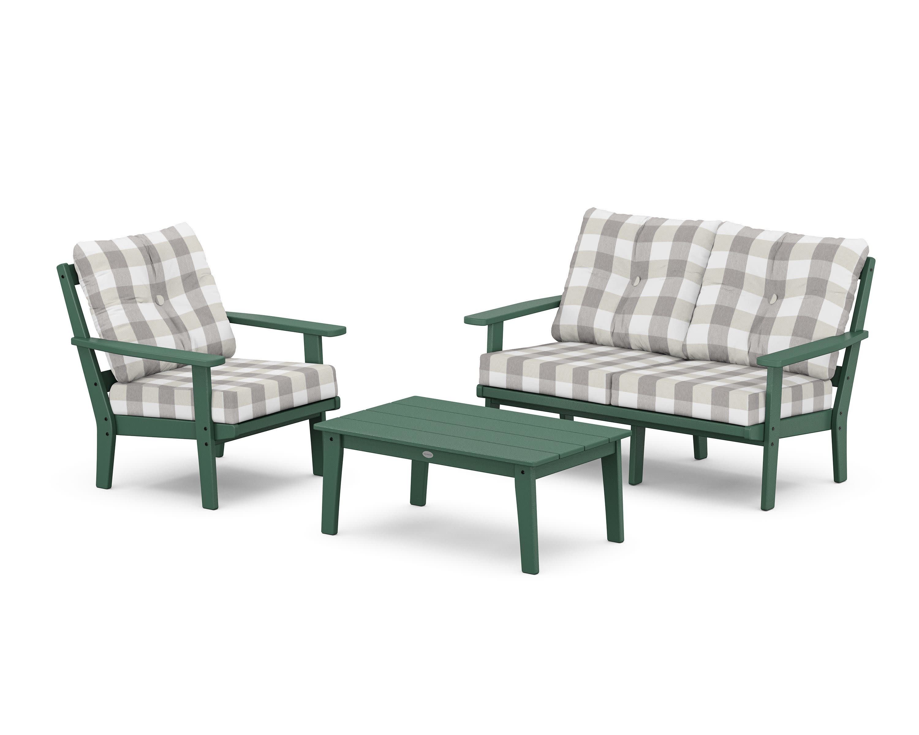 Oxford 3-Piece Deep Seating Set with Loveseat in Green / Buffalo Plaid Grey Mist