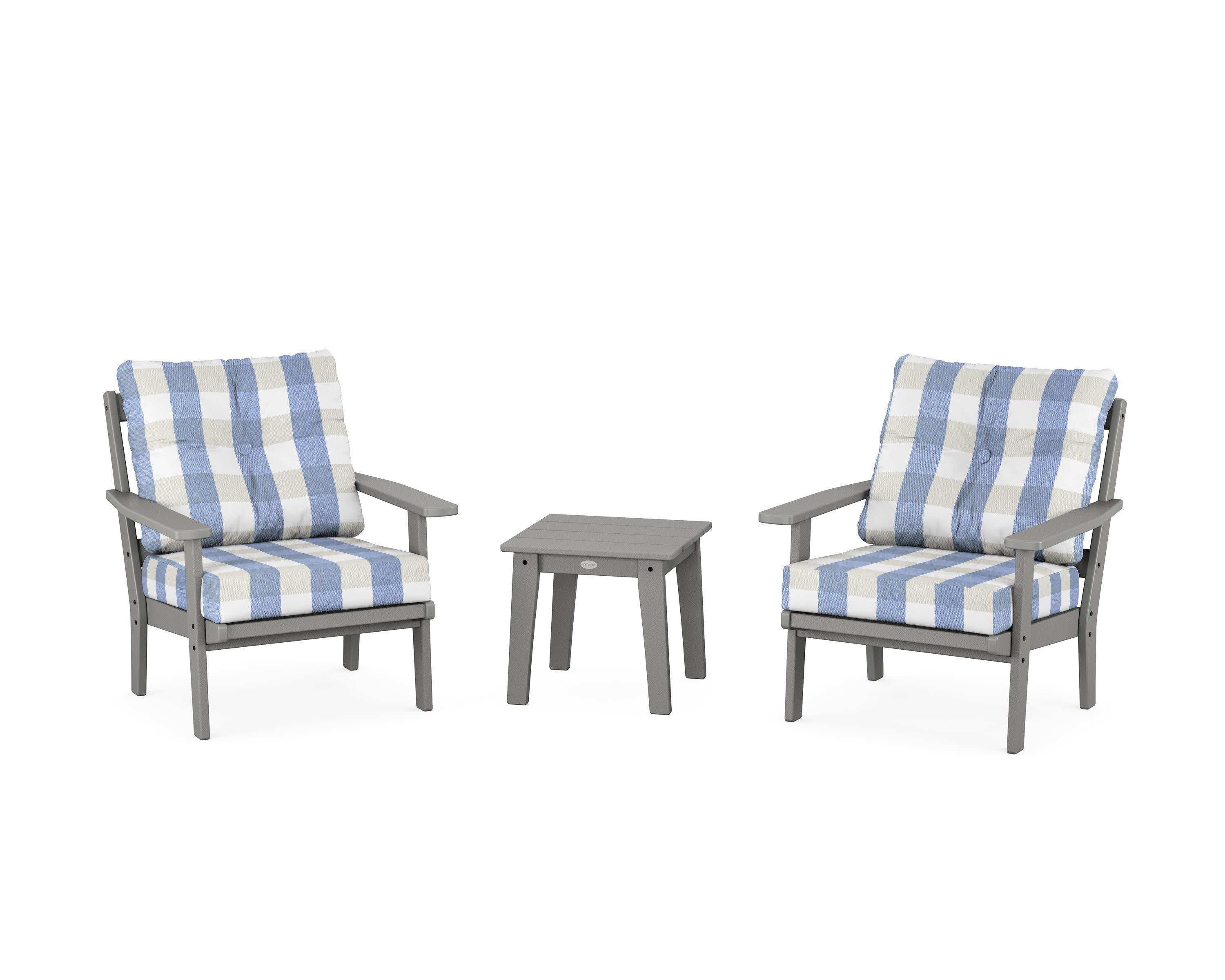Oxford 3-Piece Deep Seating Set in Slate Grey / Buffalo Plaid Sky Blue