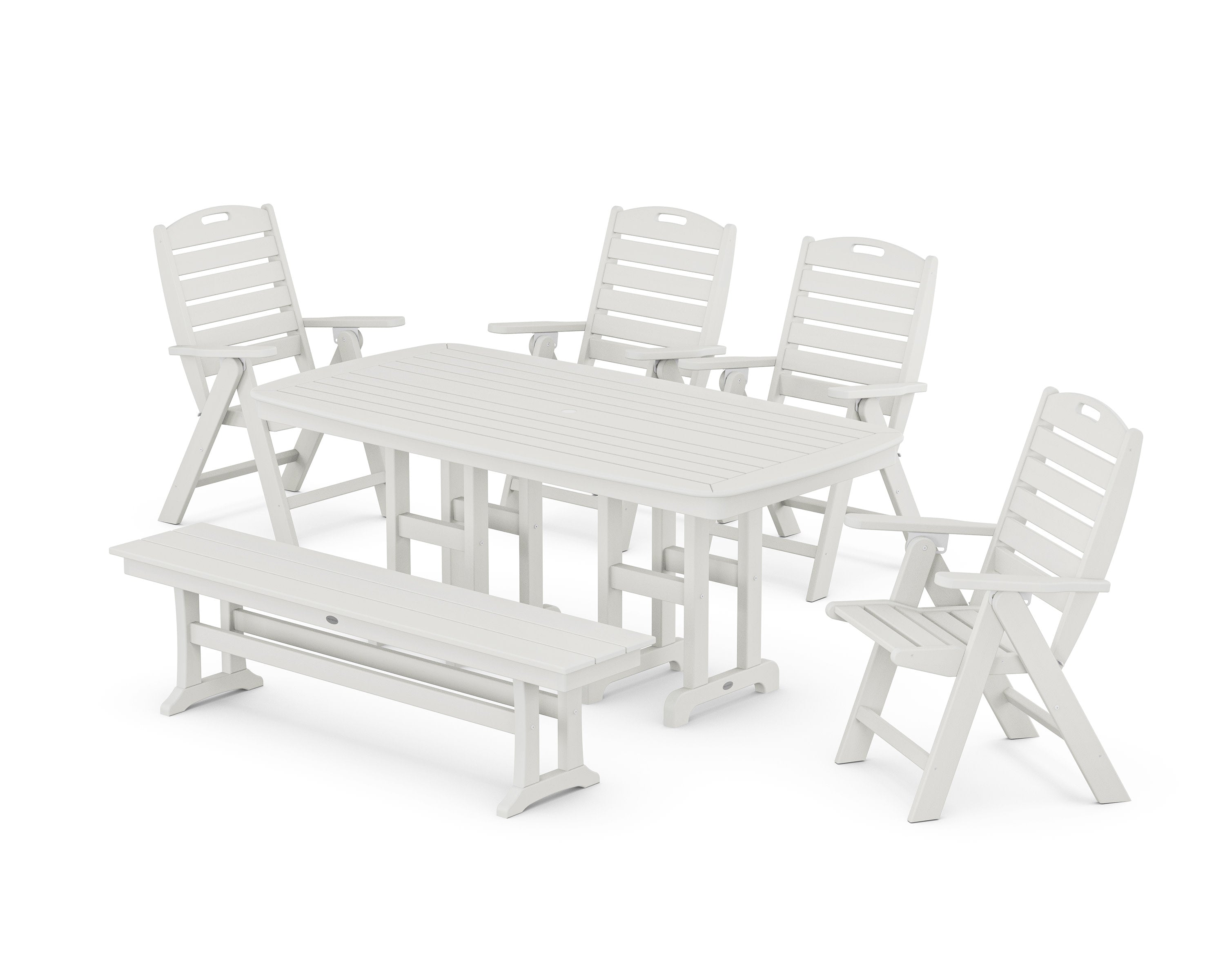 Nautical Highback 6-Piece Dining Set with Bench in Vintage White