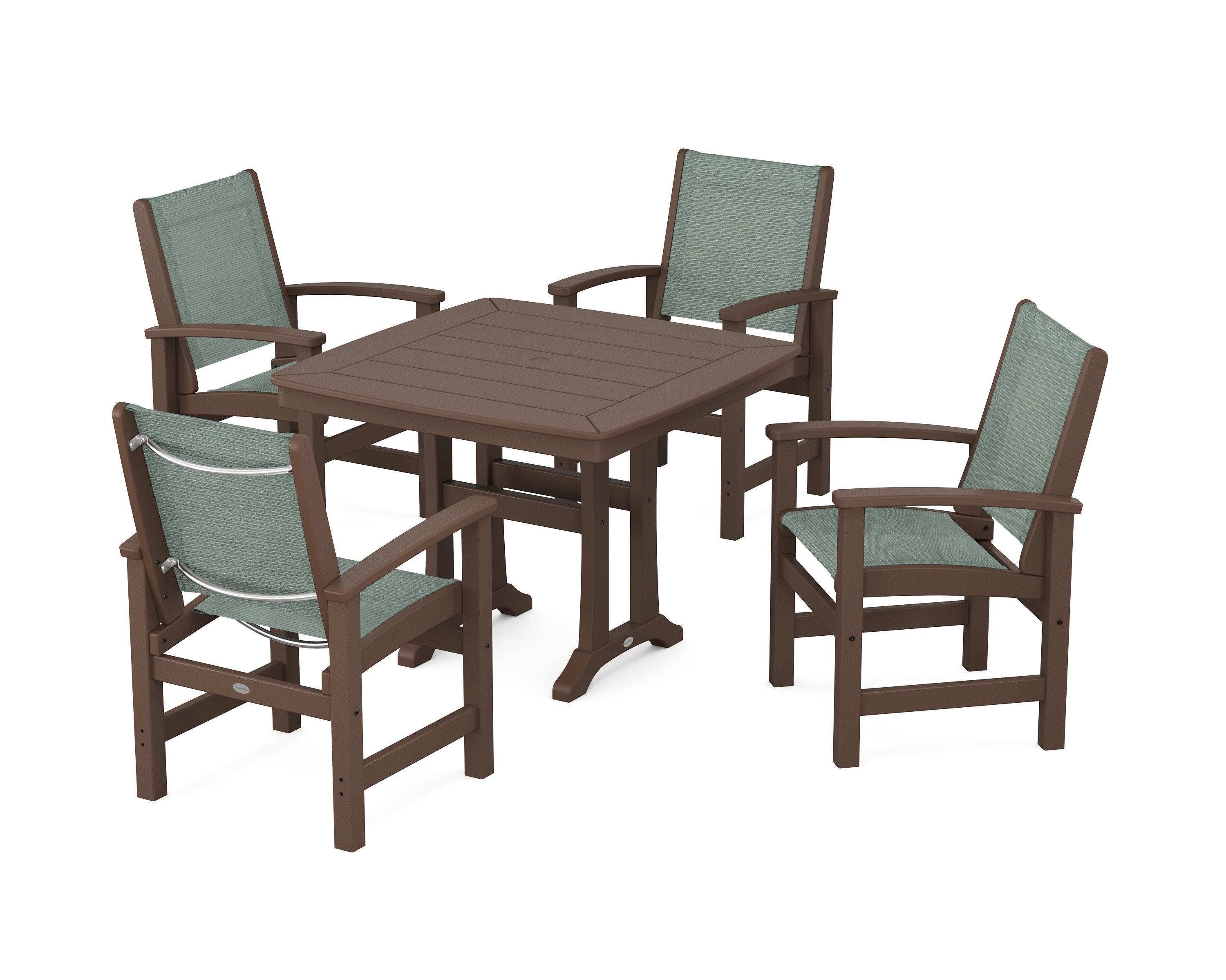 Coastal 5-Piece Dining Set with Trestle Legs in Mahogany / Dupioni Sea Mist Sling