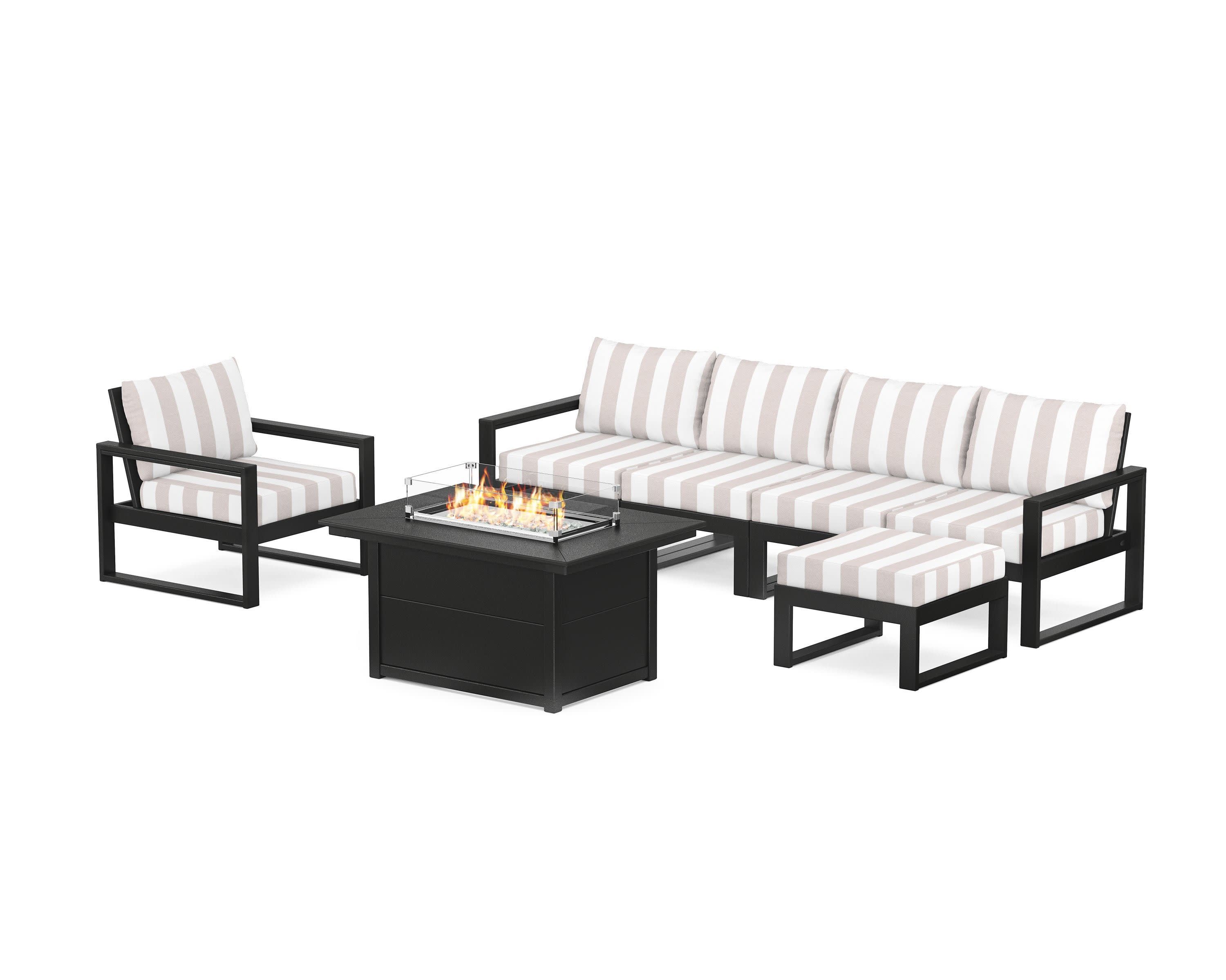 EDGE Sectional Lounge and Fire Pit Set in Black / Cabana Stripe Dune Burlap