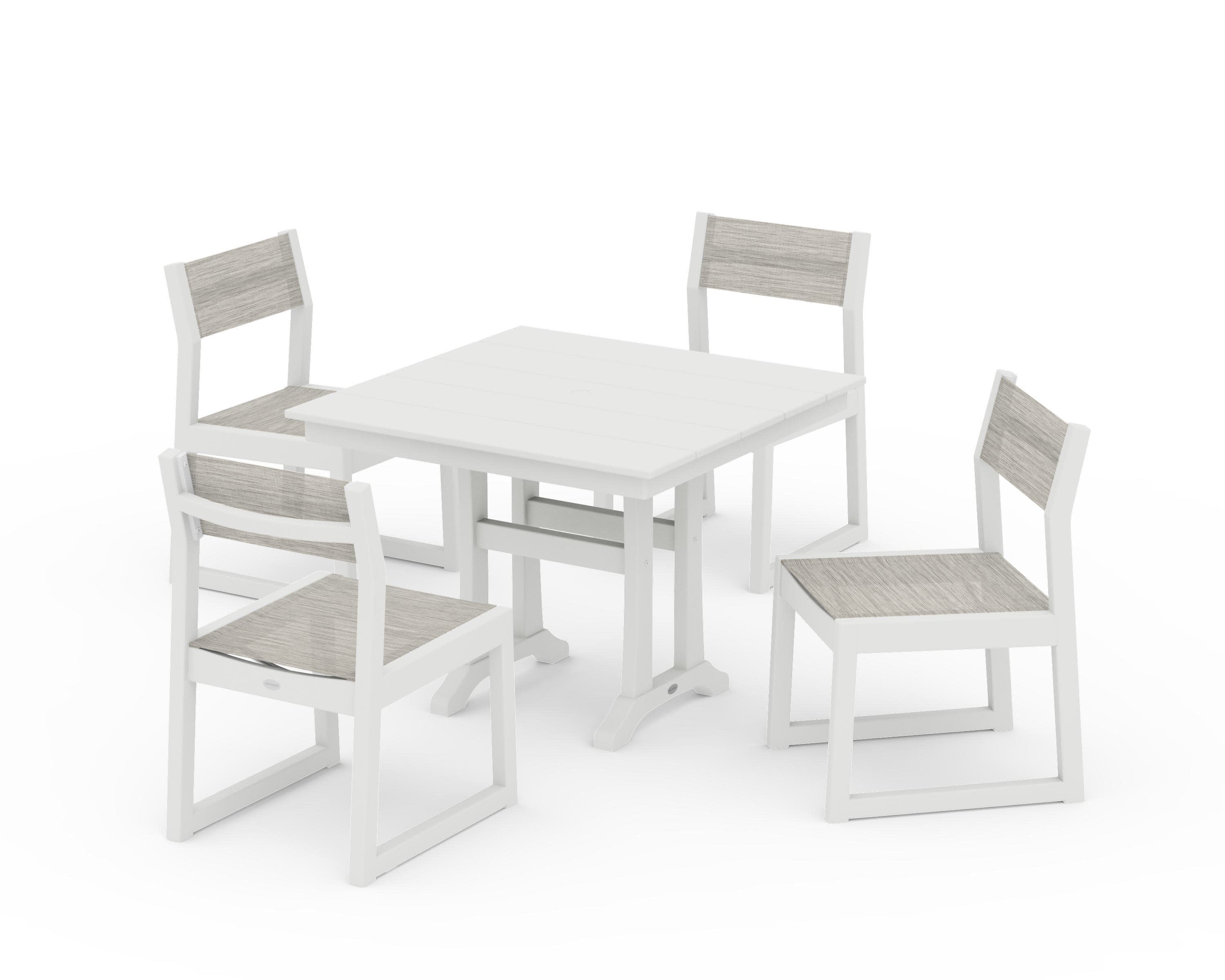 EDGE Sling 5-Piece Farmhouse Trestle Side Chair Dining Set in Vintage White / Birch Sling