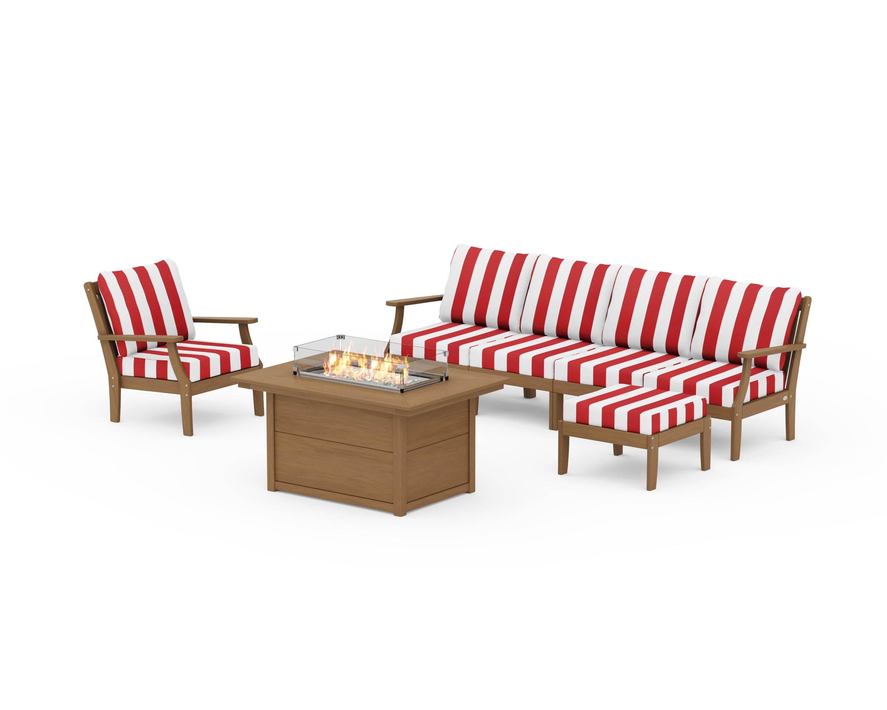 Braxton Sectional Lounge and Fire Pit Set in Natural / Cabana Stripe Crimson
