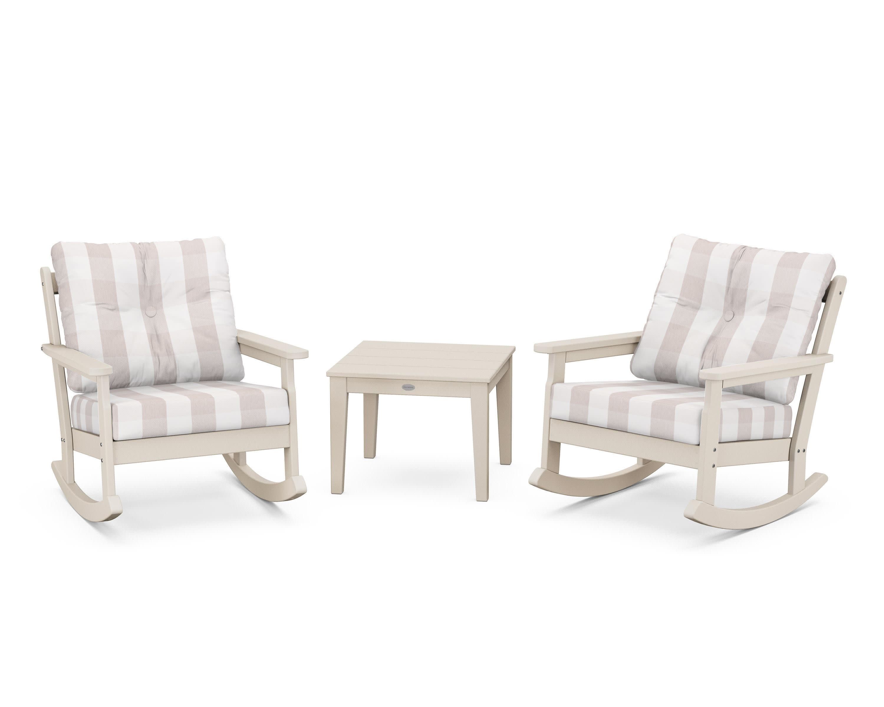 Vineyard 3-Piece Deep Seating Rocker Set in Sand / Buffalo Plaid Dune Burlap