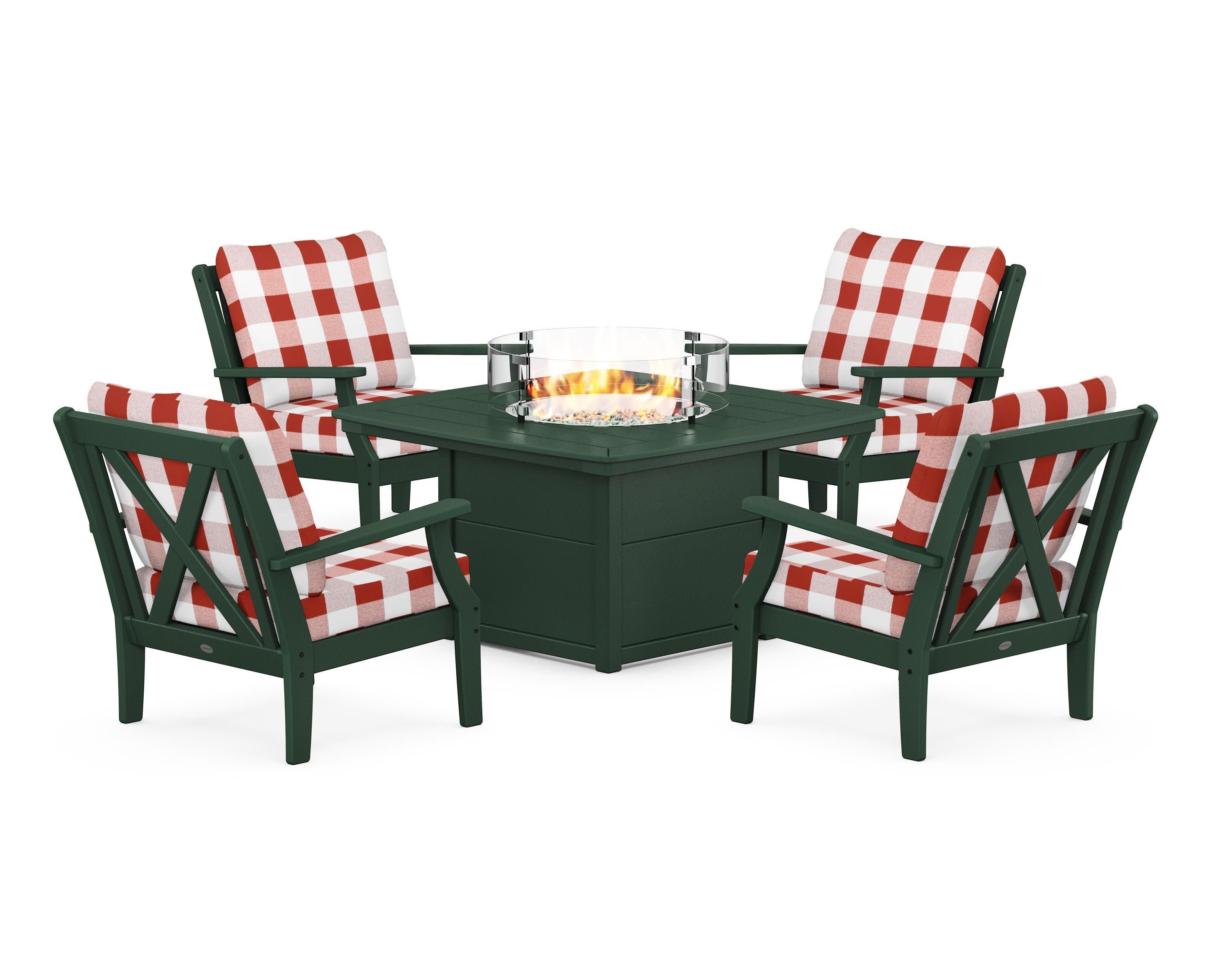Braxton 5-Piece Deep Seating Conversation Set with Fire Pit Table in Green / Buffalo Plaid Crimson