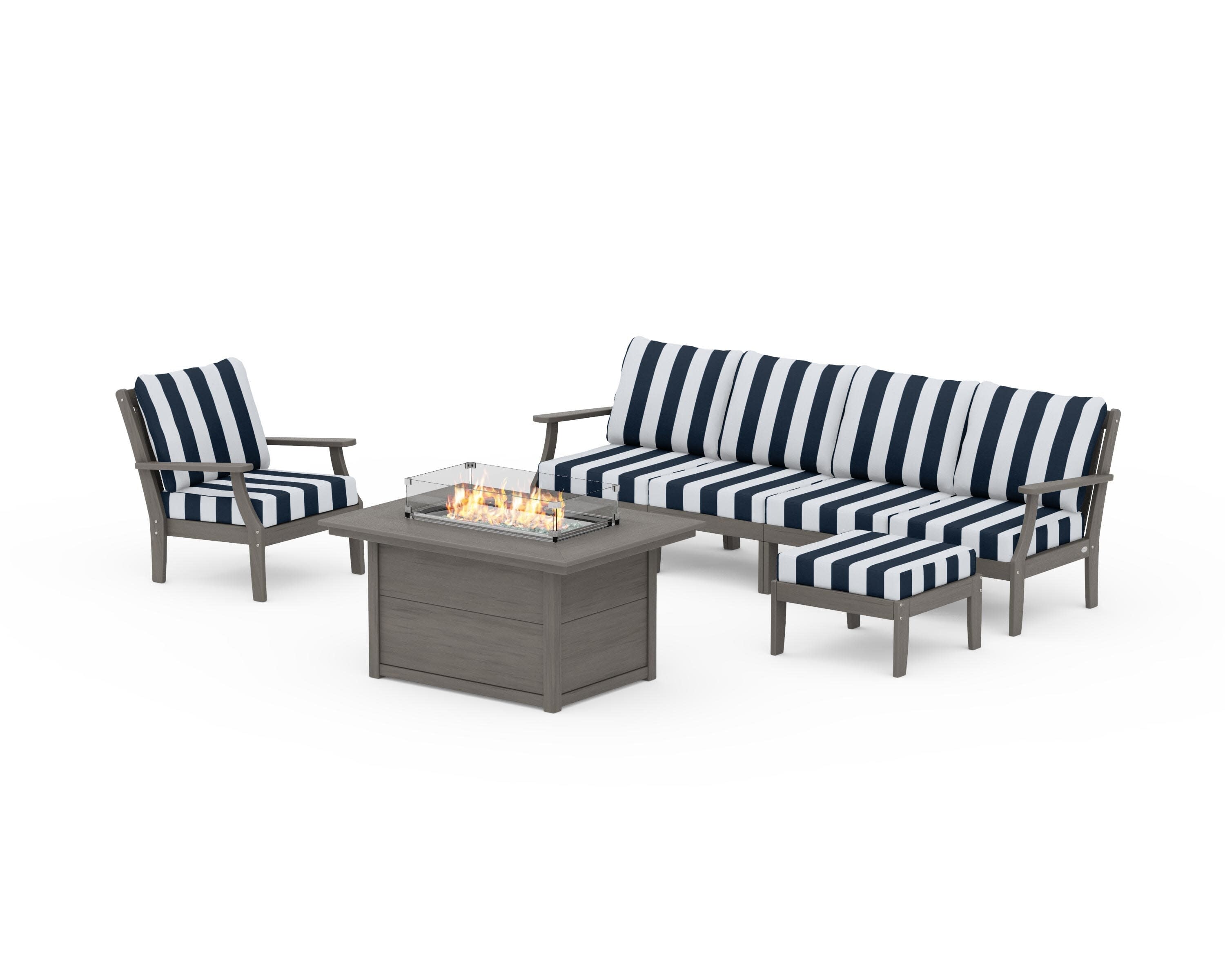 Braxton Sectional Lounge and Fire Pit Set in Driftwood / Cabana Stripe Marine Indigo