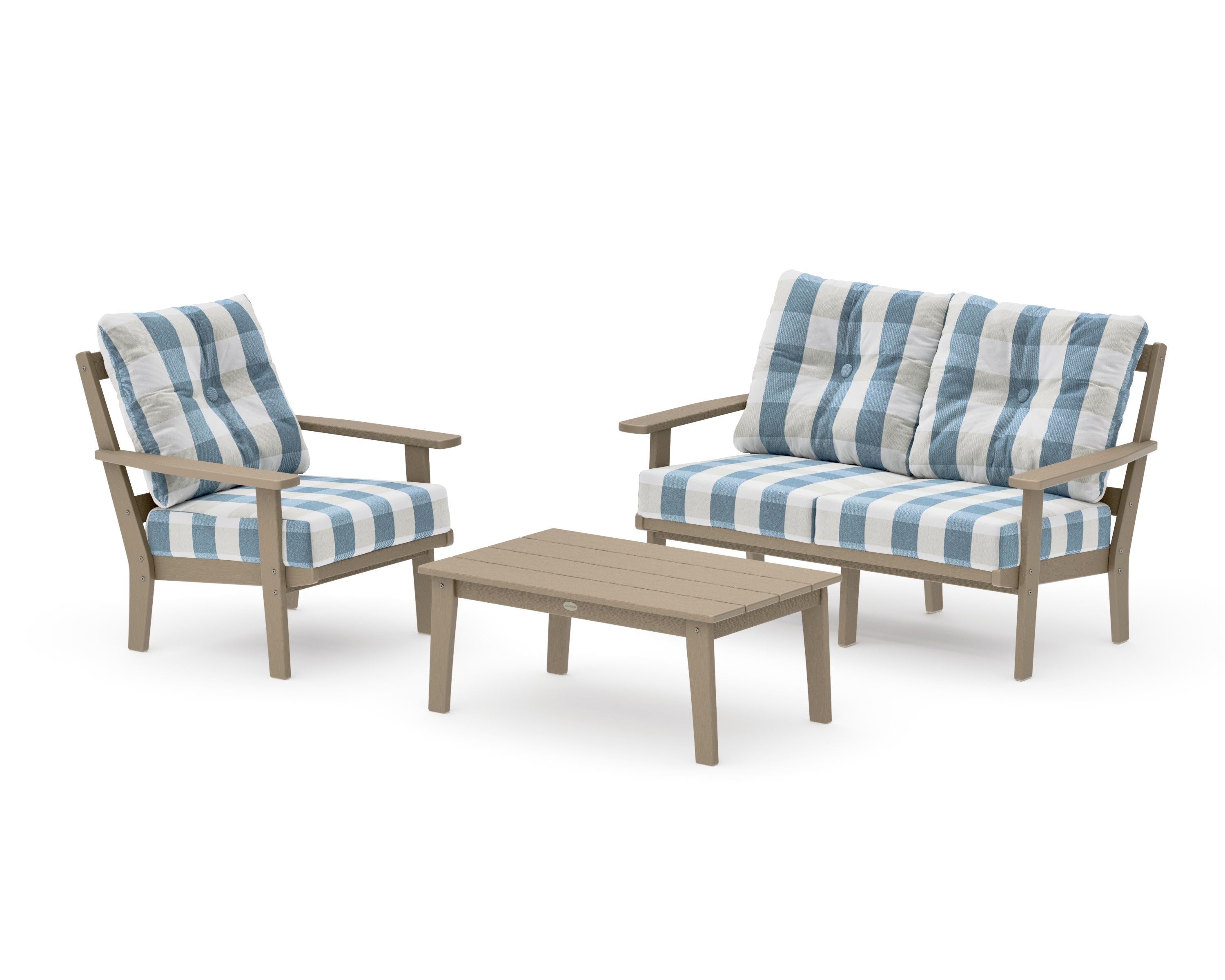 Oxford 3-Piece Deep Seating Set with Loveseat in Vintage Sahara / Buffalo Plaid Sky Blue