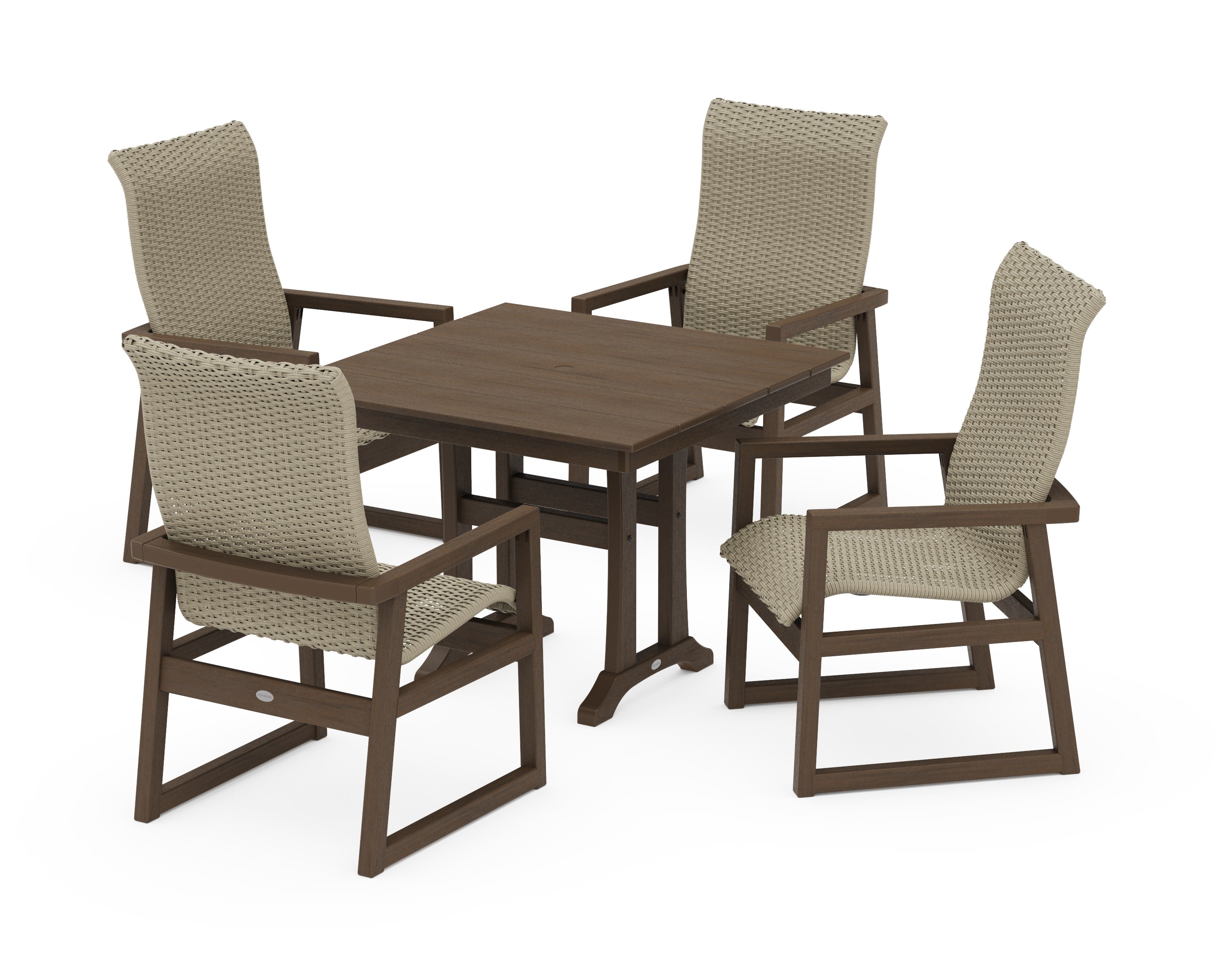 EDGE Woven Highback 5-Piece Farmhouse Dining Set with Trestle Legs in Kona / Dune Grass