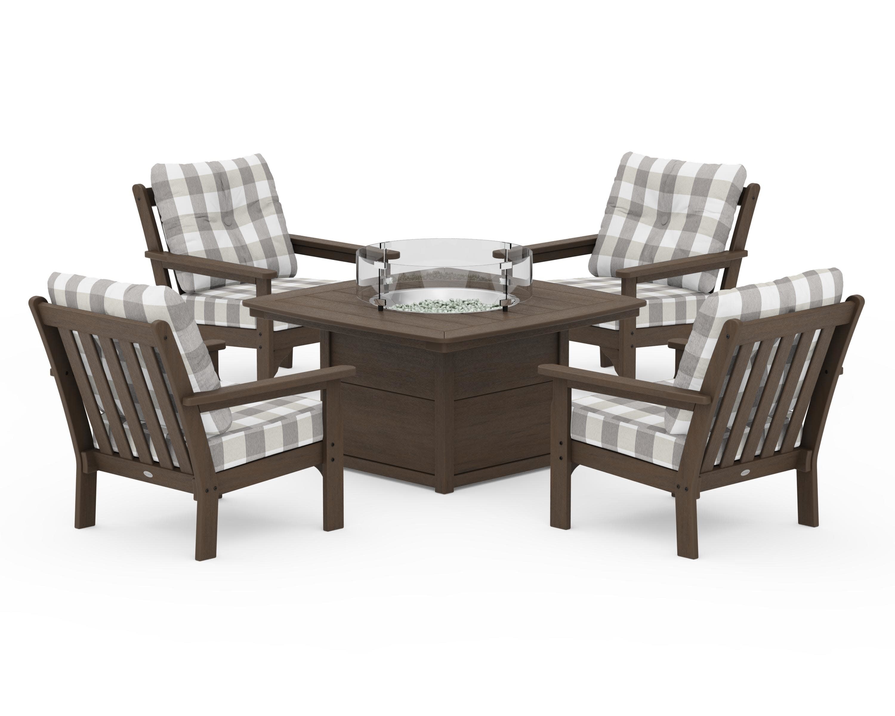 Vineyard 5-Piece Conversation Set with Fire Pit Table in Kona / Buffalo Plaid Grey Mist