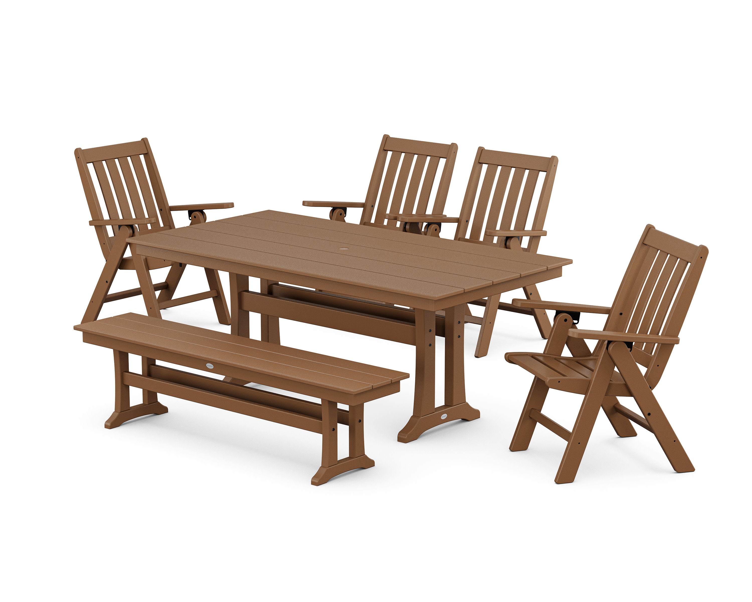 Vineyard 6-Piece Folding Chair Farmhouse Dining Set with Trestle Legs and Bench in Teak