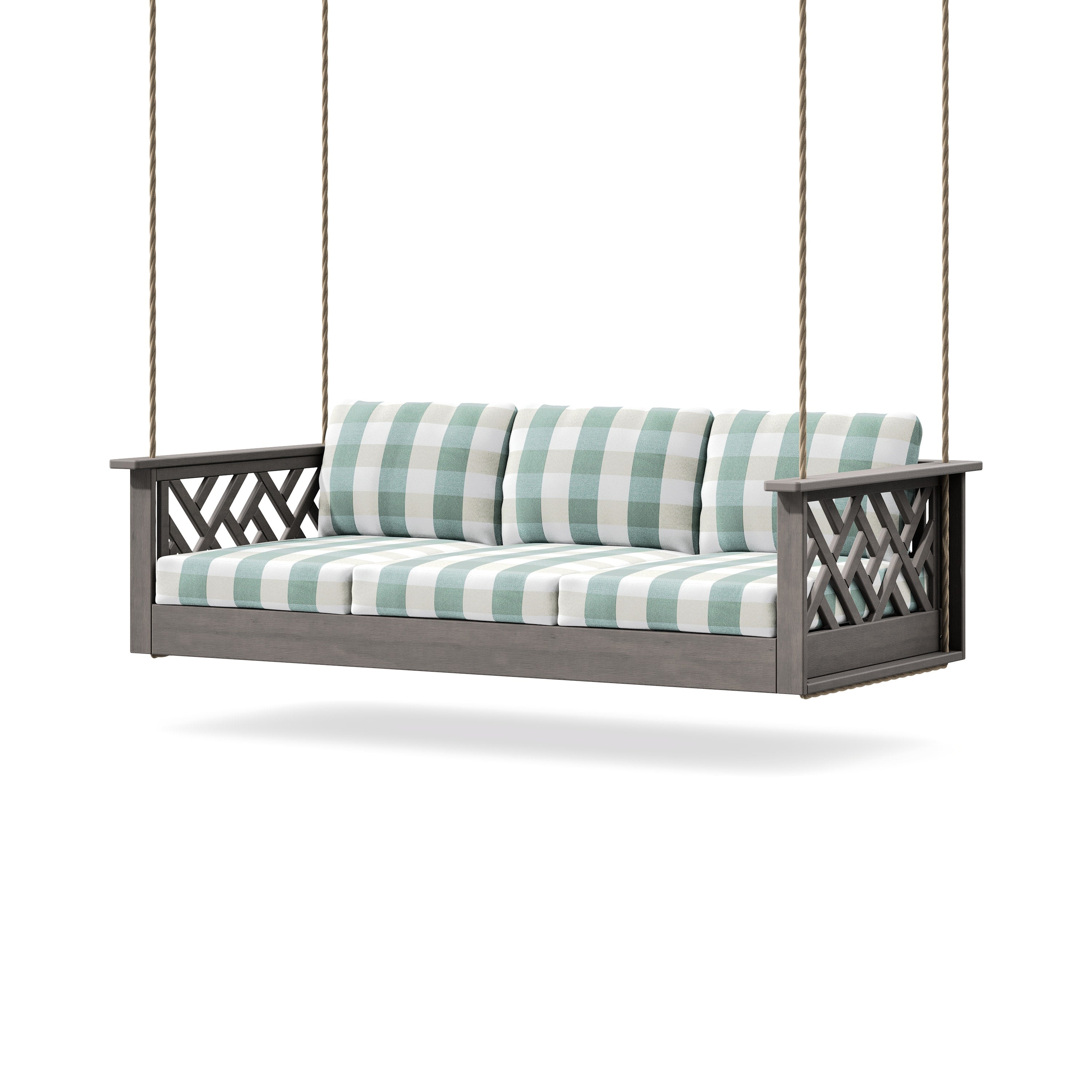 Chippendale Daybed Swing in Driftwood / Buffalo Plaid Glacier Spa