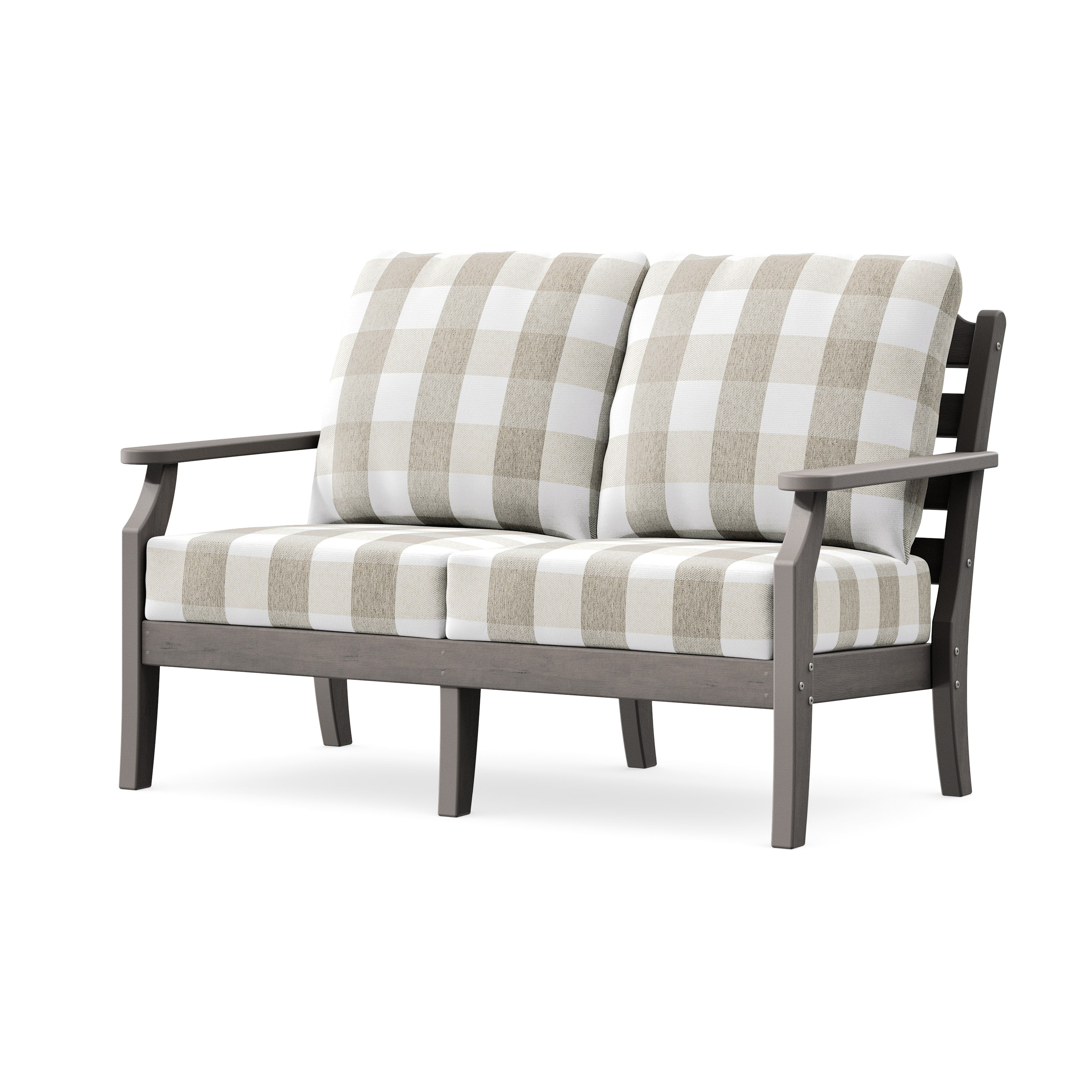 Savannah Deep Seating Loveseat in Driftwood / Buffalo Plaid Dune Burlap