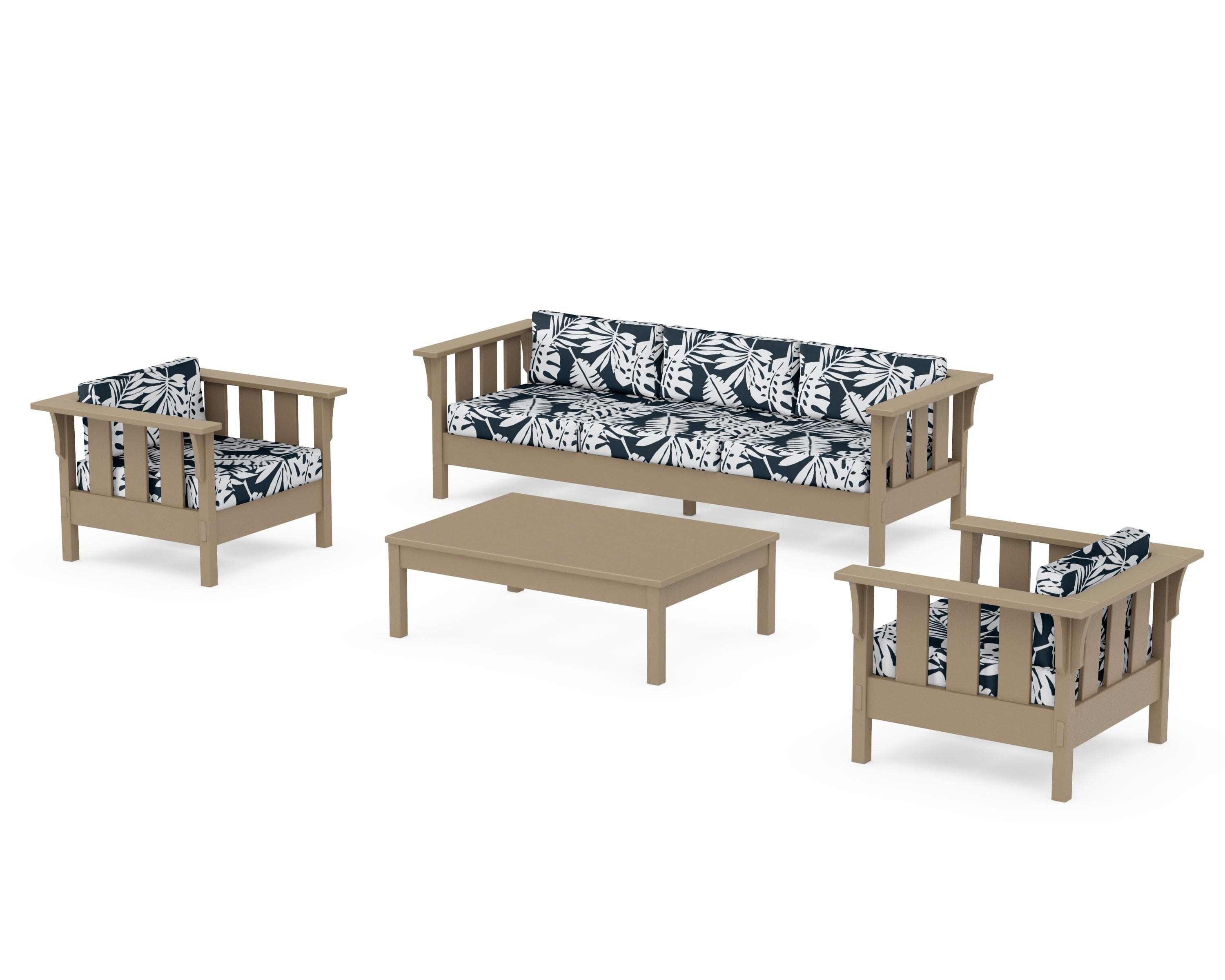 Acadia 4-Piece Deep Seating Set with Sofa in Vintage Sahara / Leaf Marine Indigo
