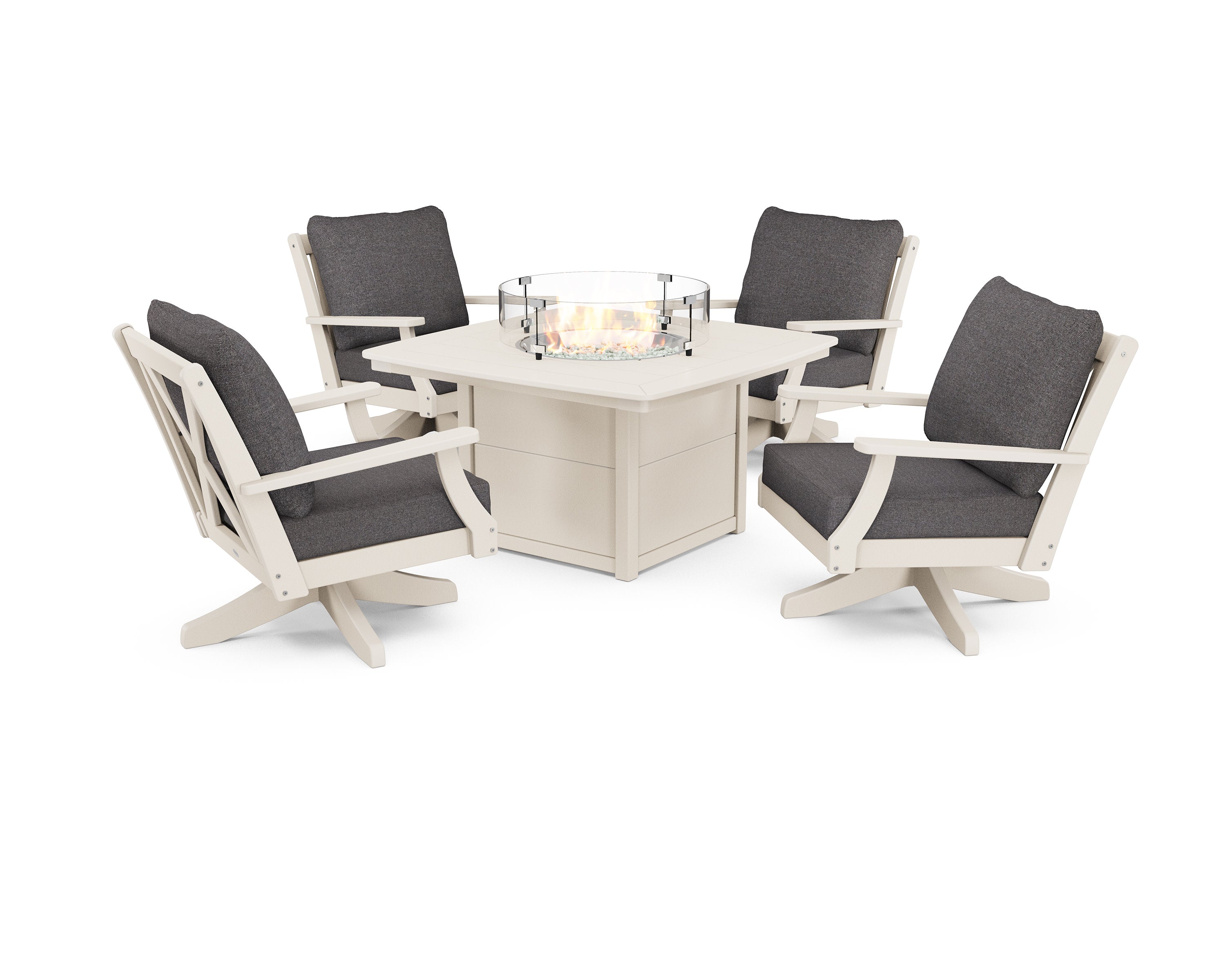 Braxton 5-Piece Deep Seating Swivel Conversation Set with Fire Pit Table in Sand / Ash Charcoal
