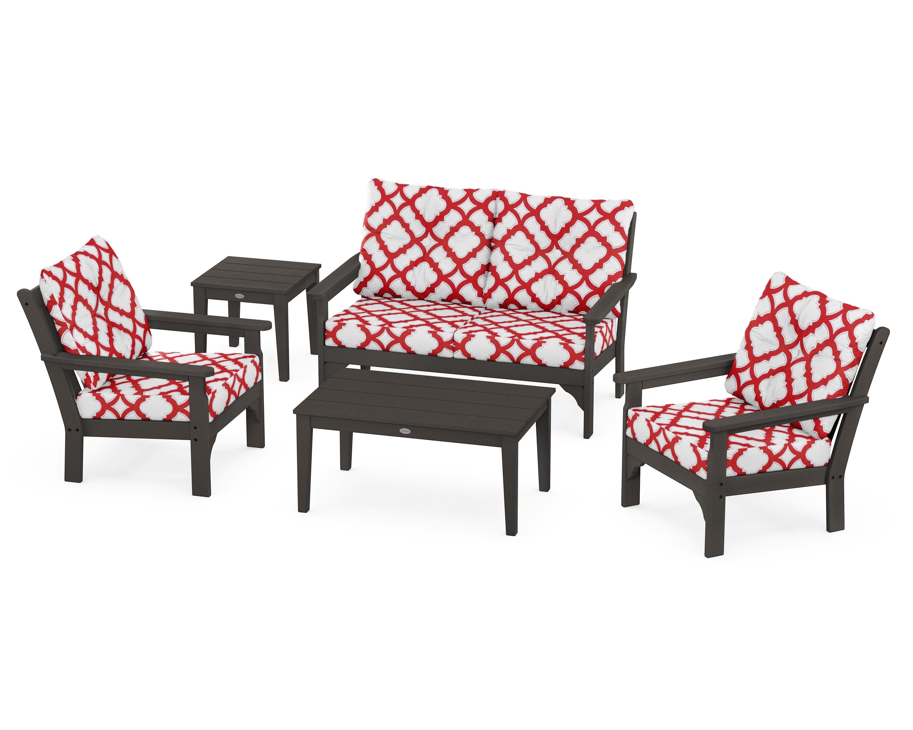 Vineyard 5-Piece Deep Seating Set in Vintage Coffee / Trellis Crimson