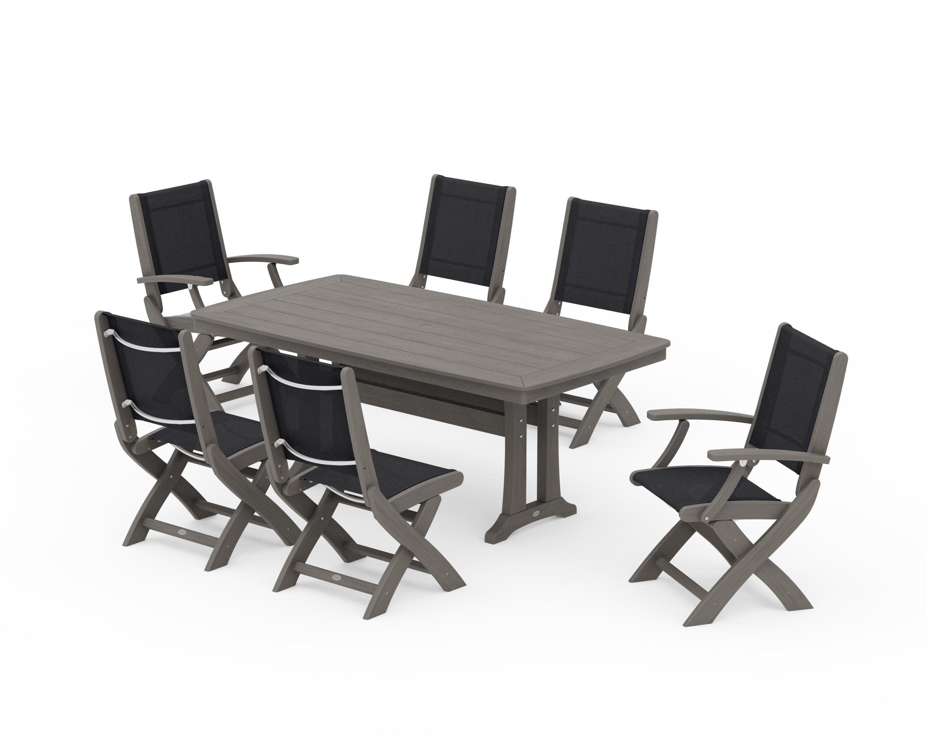 Coastal Folding Chair 7-Piece Dining Set with Trestle Legs in Driftwood / Black Sling