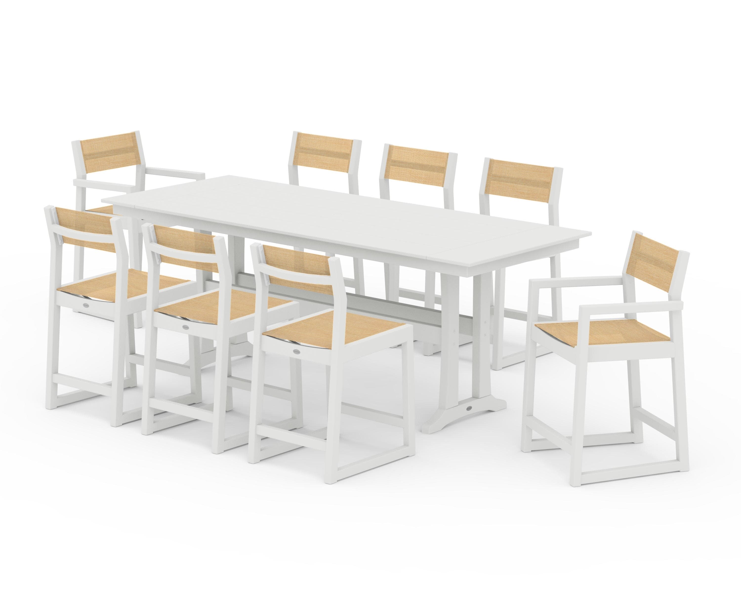EDGE Sling 9-Piece Farmhouse Counter Set with Trestle Legs in Vintage White / Dupioni Apricot Sling