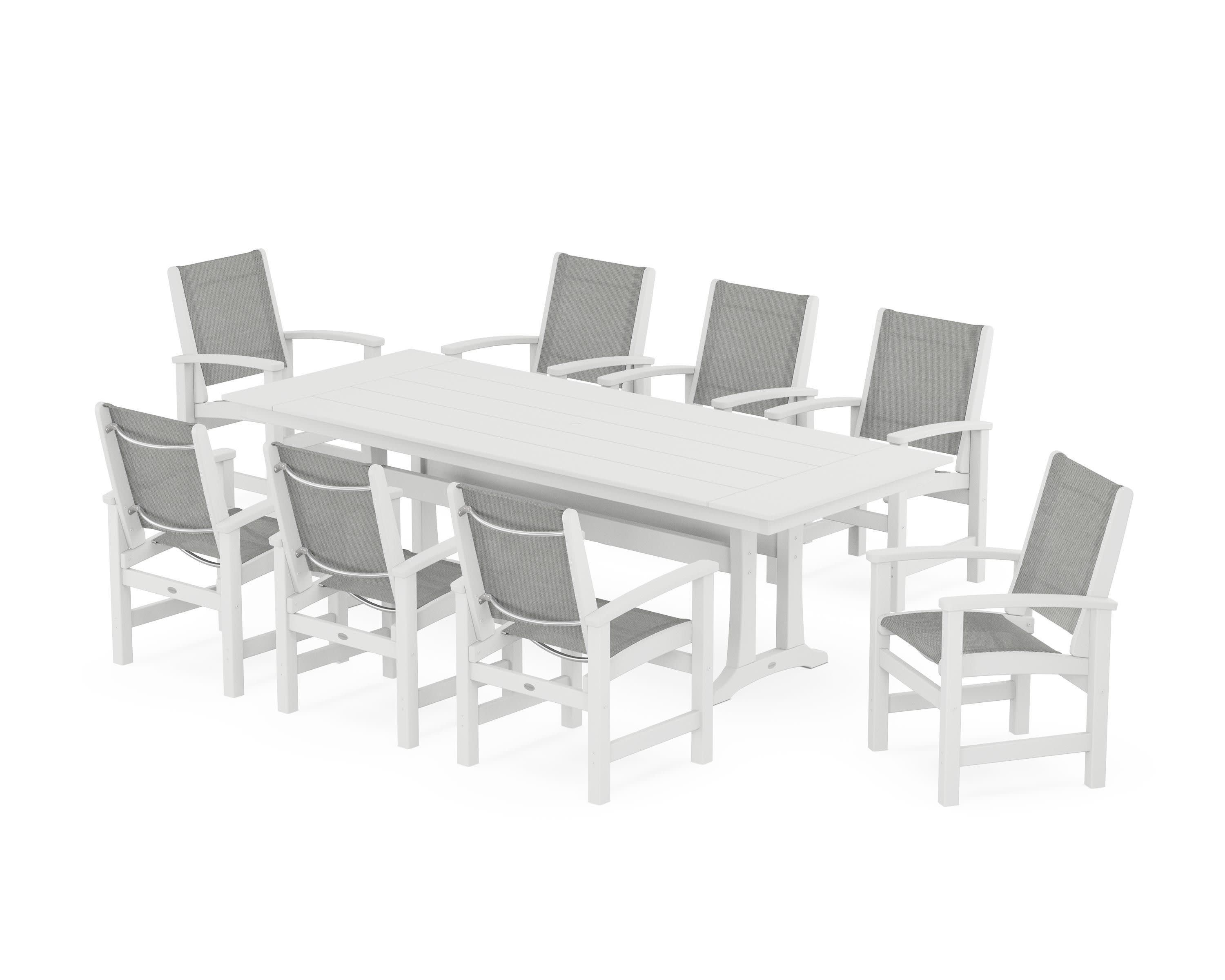 Coastal 9-Piece Farmhouse Dining Set with Trestle Legs in White / Metallic Sling