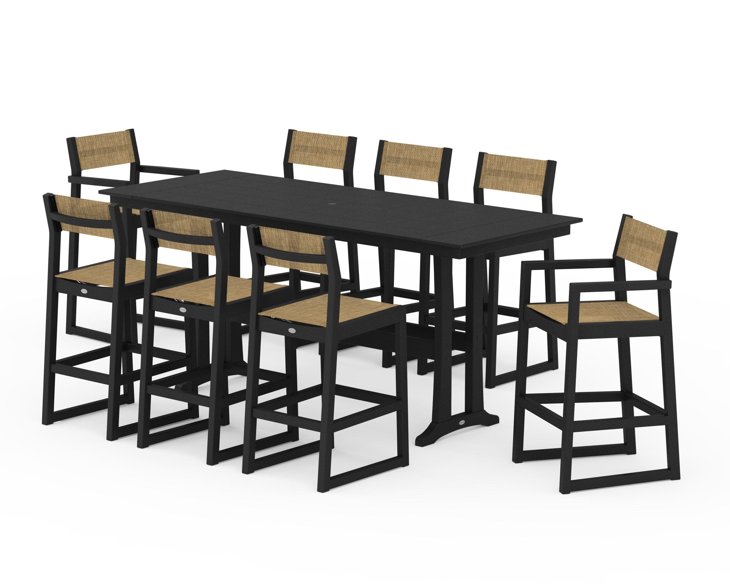 EDGE Sling 9-Piece Farmhouse Bar Set with Trestle Legs in Black / Burlap Sling