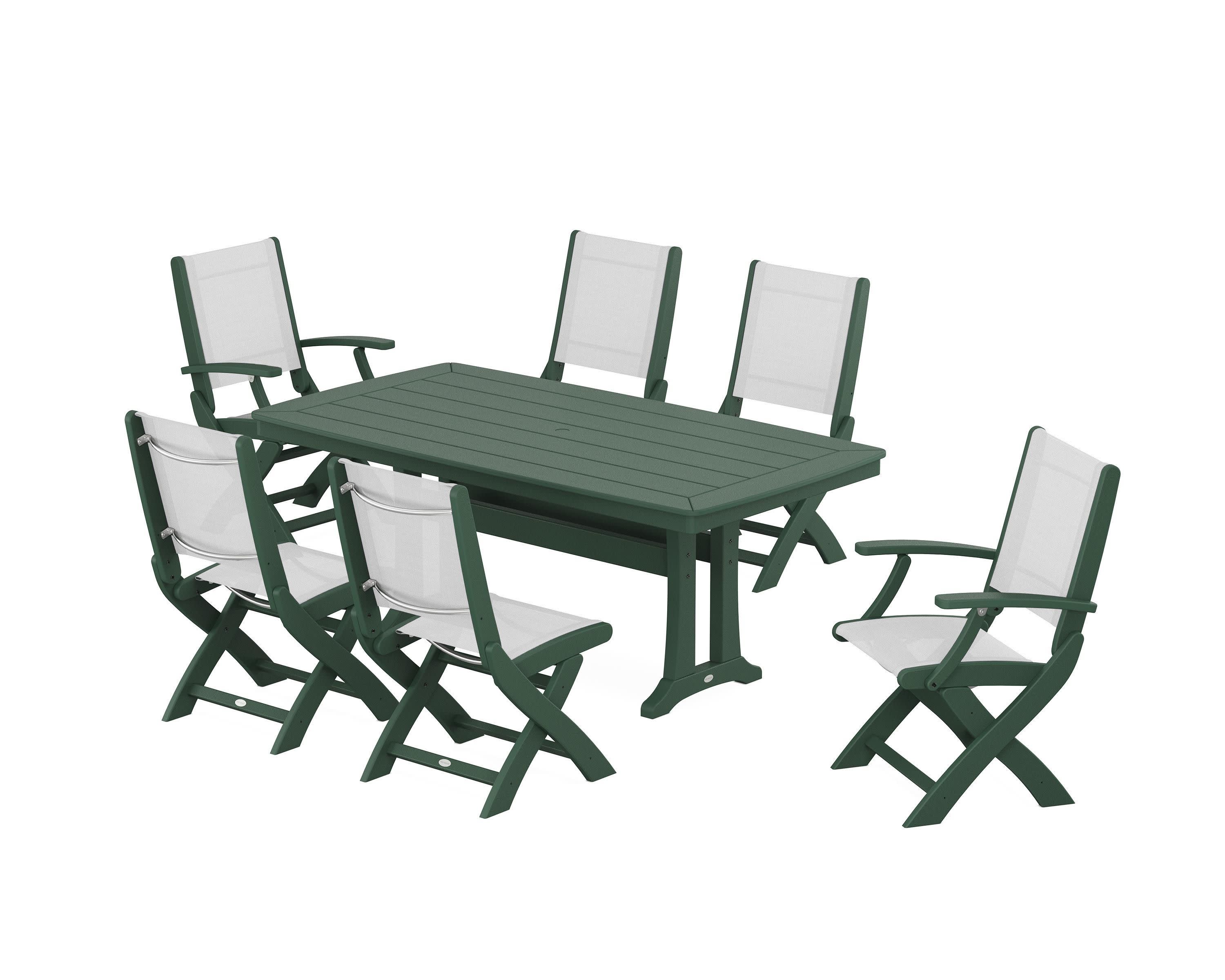 Coastal Folding Chair 7-Piece Dining Set with Trestle Legs in Green / White Sling