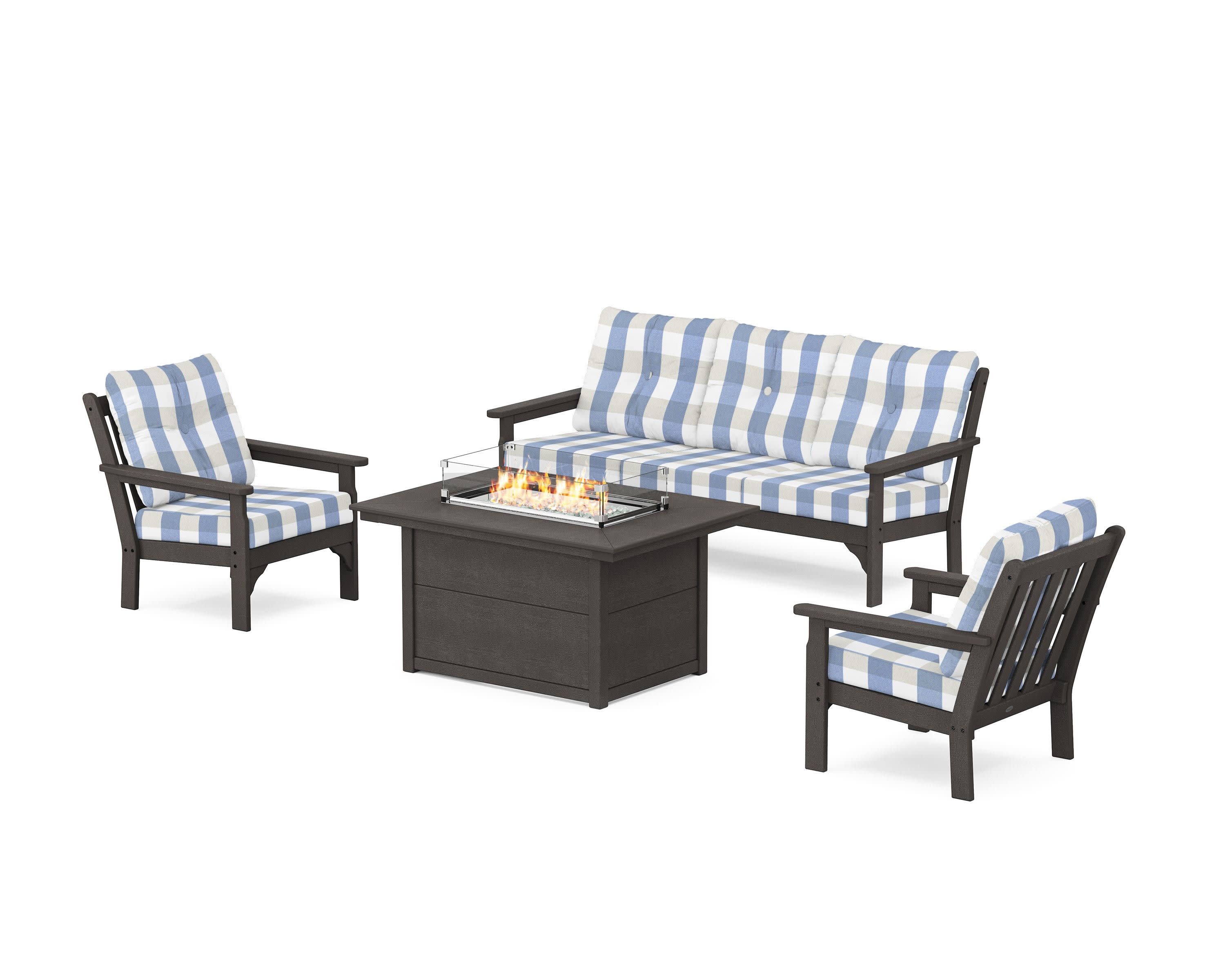 Vineyard Deep Seating Fire Pit Table Set in Vintage Coffee / Buffalo Plaid Sky Blue