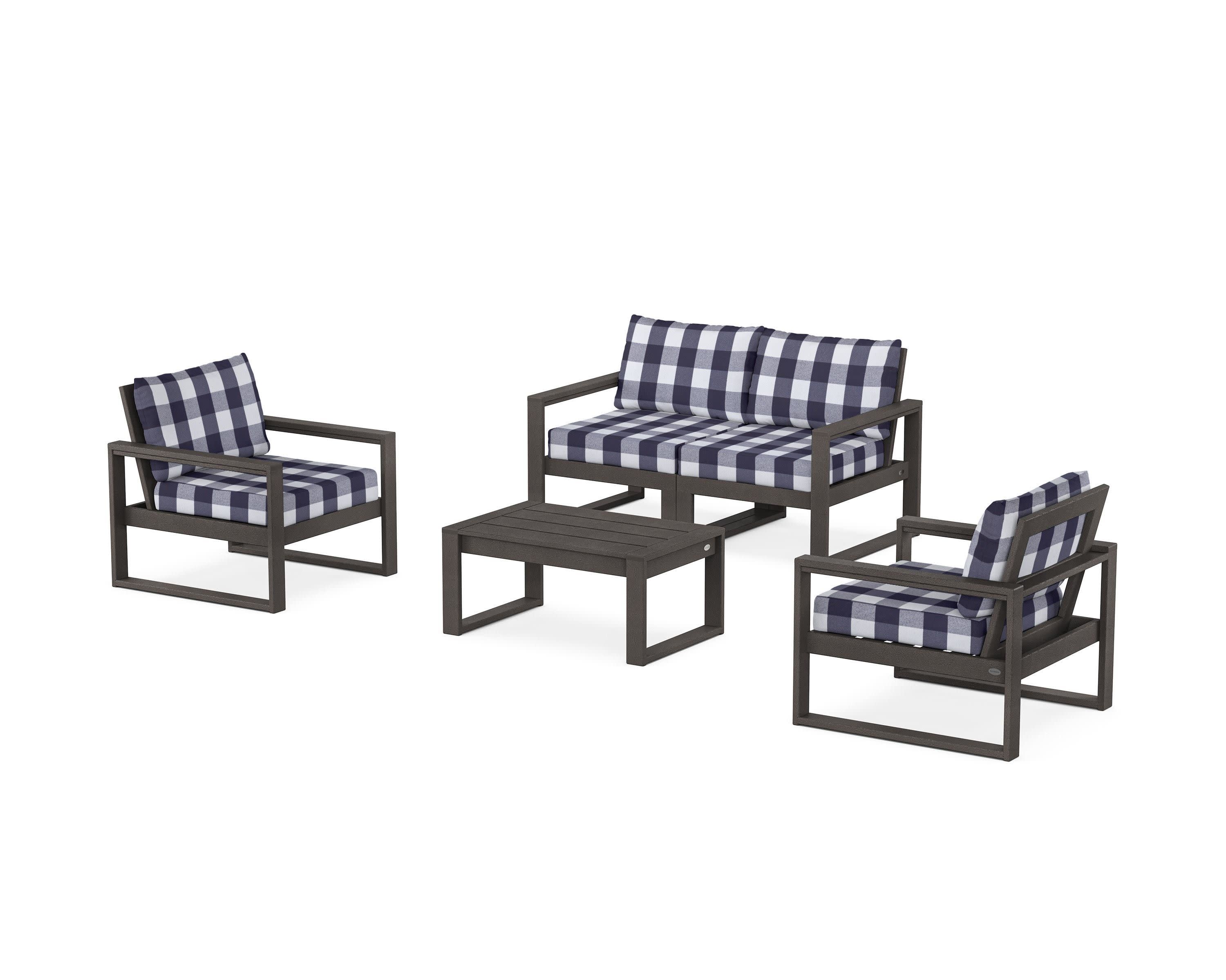 EDGE Sectional 4-Piece Deep Seating Set with Loveseat in Vintage Coffee / Buffalo Plaid Navy