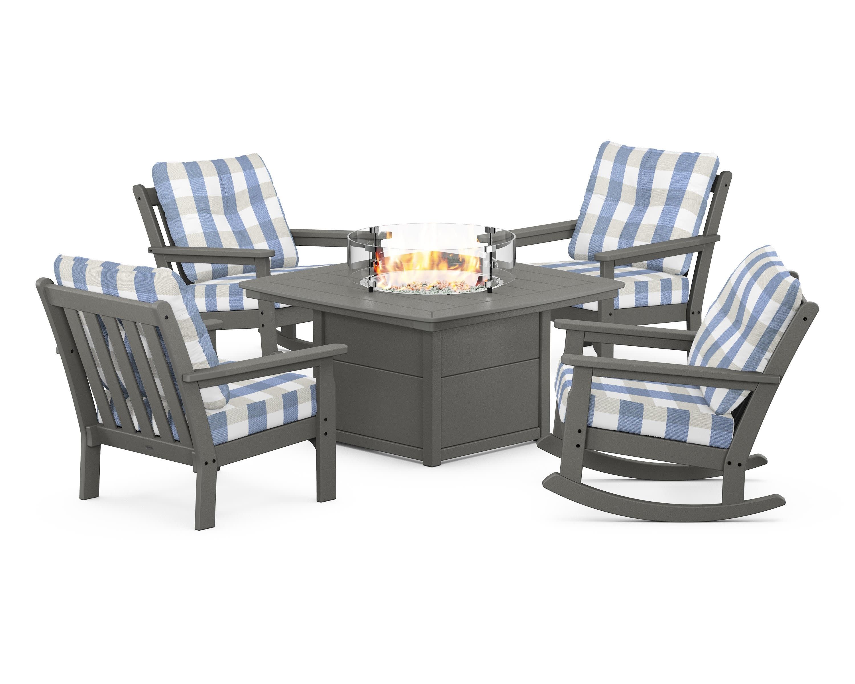Vineyard 5-Piece Deep Seating Rocking Chair Conversation Set with Fire Pit Table in Slate Grey / Buffalo Plaid Sky Blue