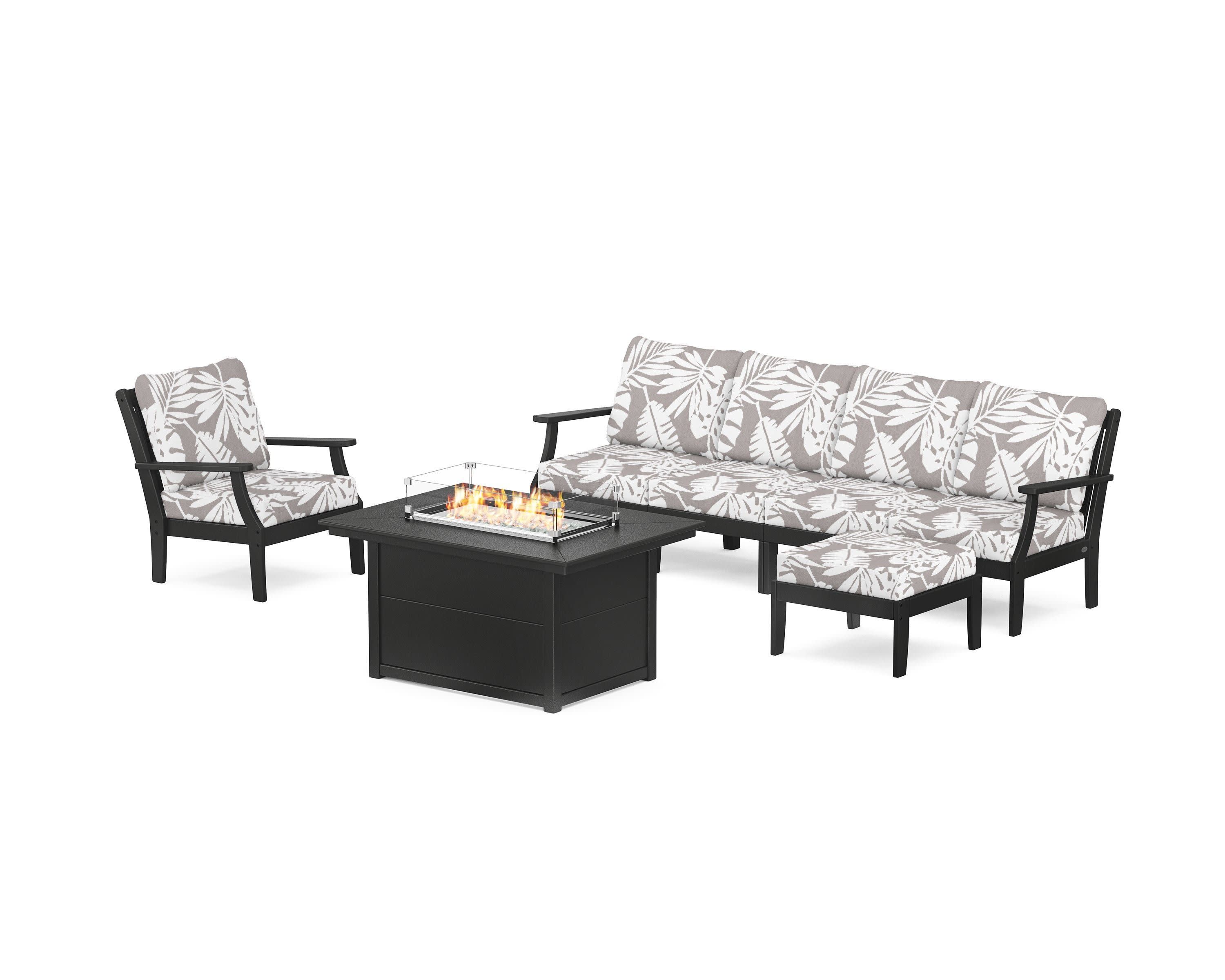 Braxton Sectional Lounge and Fire Pit Set in Black / Leaf Grey Mist