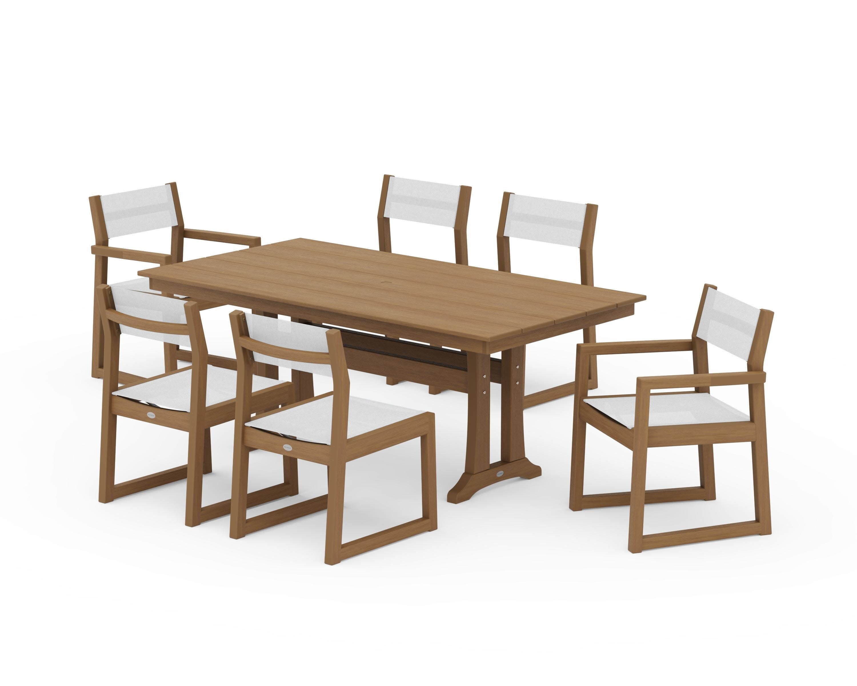 EDGE Sling 7-Piece Farmhouse Trestle Dining Set in Natural / White Sling