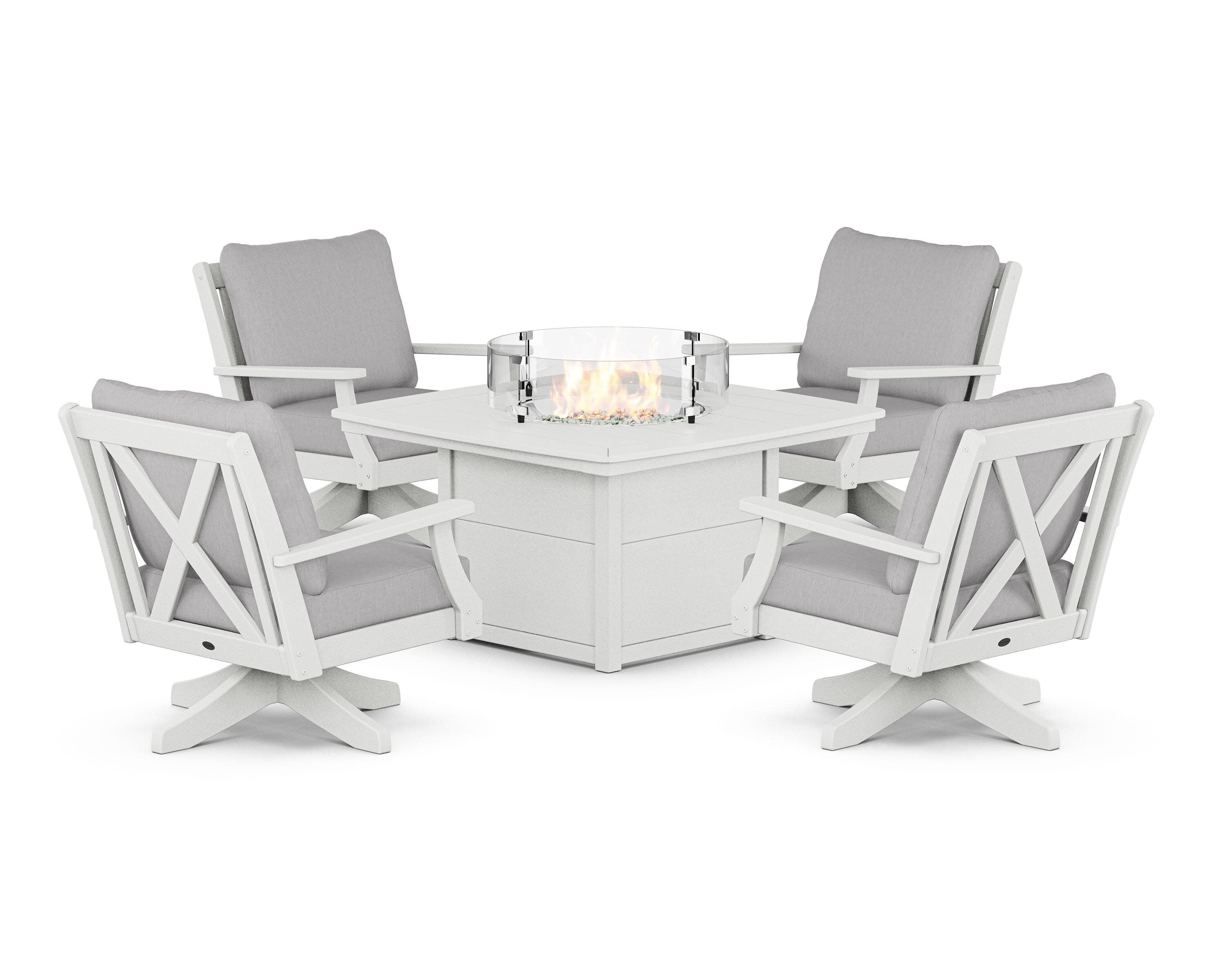 Braxton 5-Piece Deep Seating Swivel Conversation Set with Fire Pit Table in Vintage White / Granite