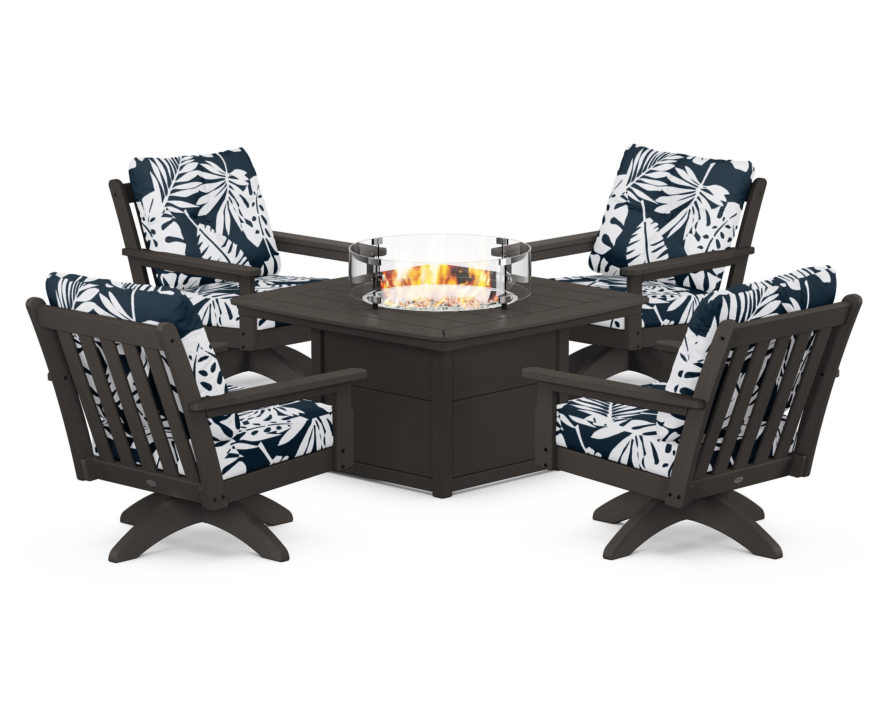 Vineyard 5-Piece Deep Seating Swivel Conversation Set with Fire Pit Table in Vintage Coffee / Leaf Marine Indigo