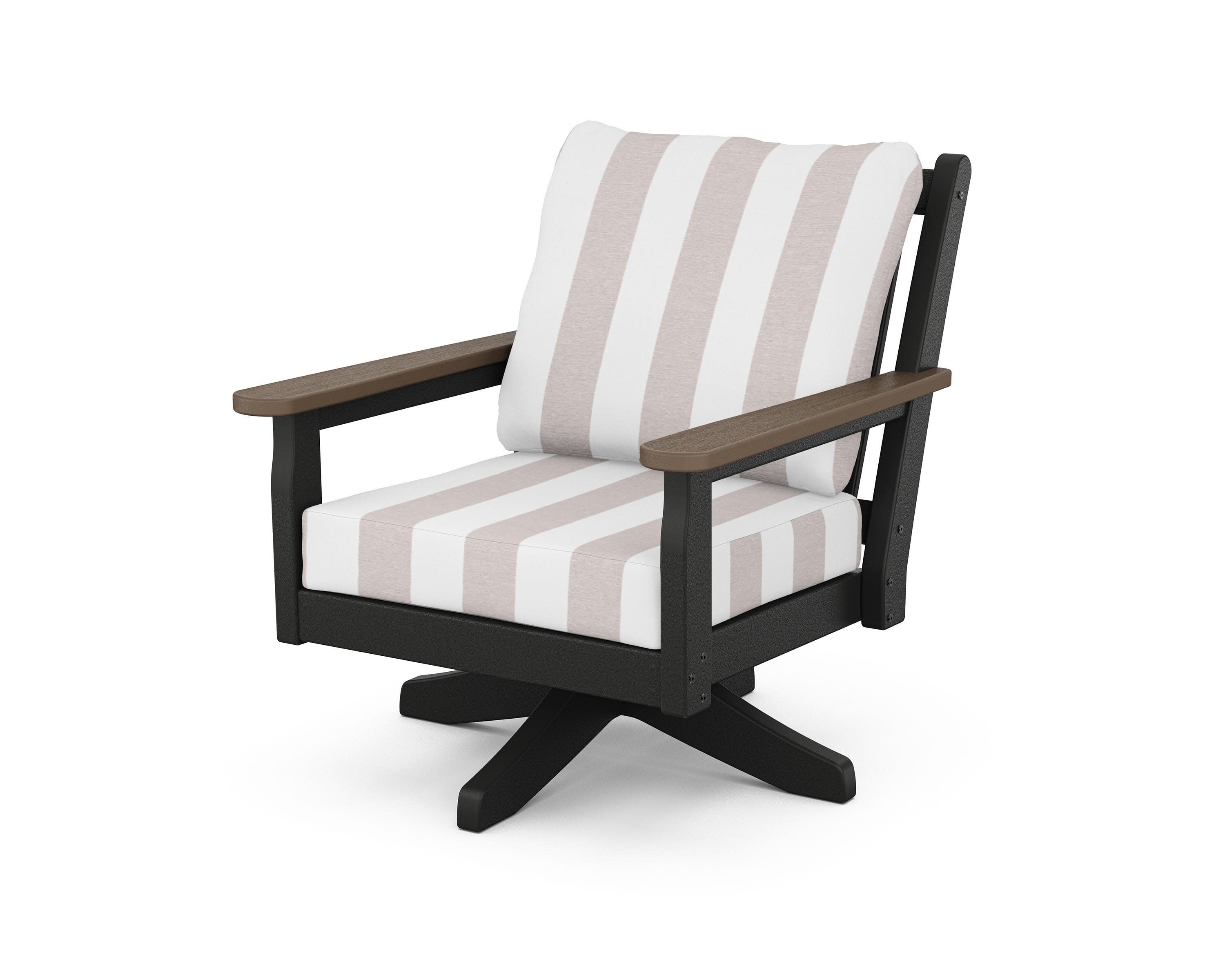 Chippendale Deep Seating Swivel Chair in Black / Kona / Cabana Stripe Dune Burlap
