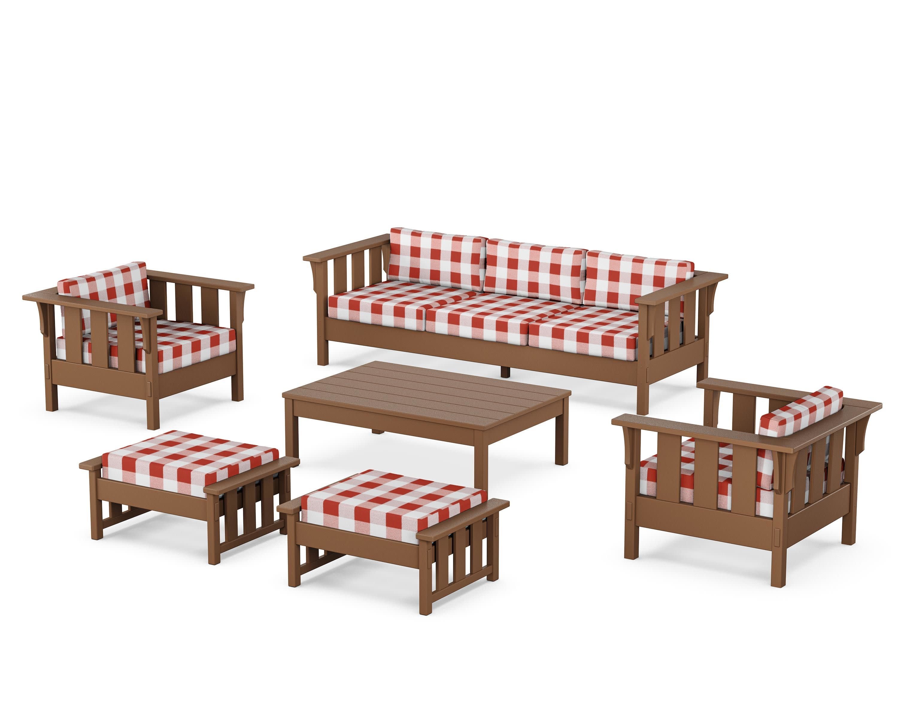 Acadia 6-Piece Lounge Sofa Set in Teak / Buffalo Plaid Crimson