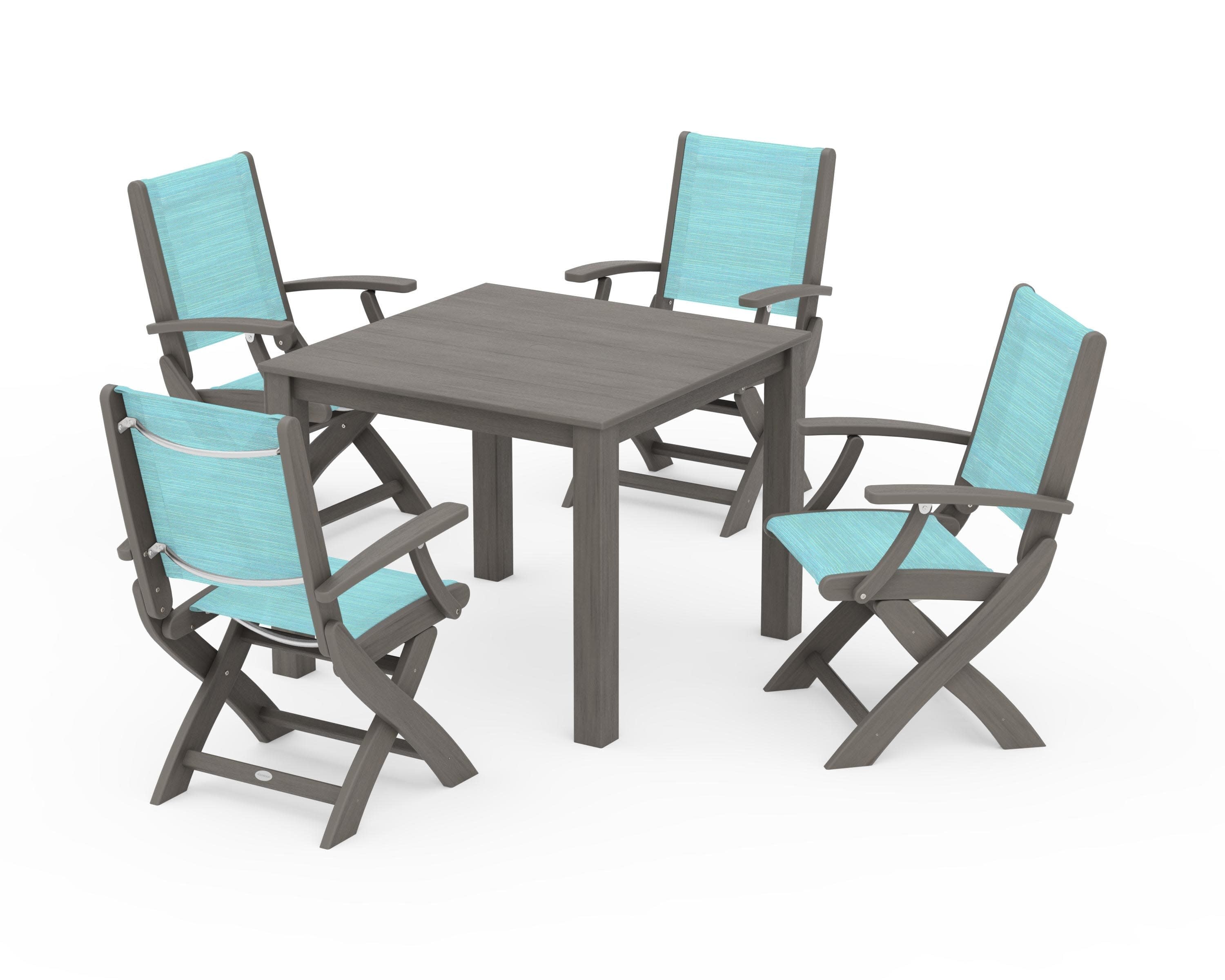 Coastal Folding Chair 5-Piece Parsons Dining Set in Driftwood / Dupioni Aquamarine Sling