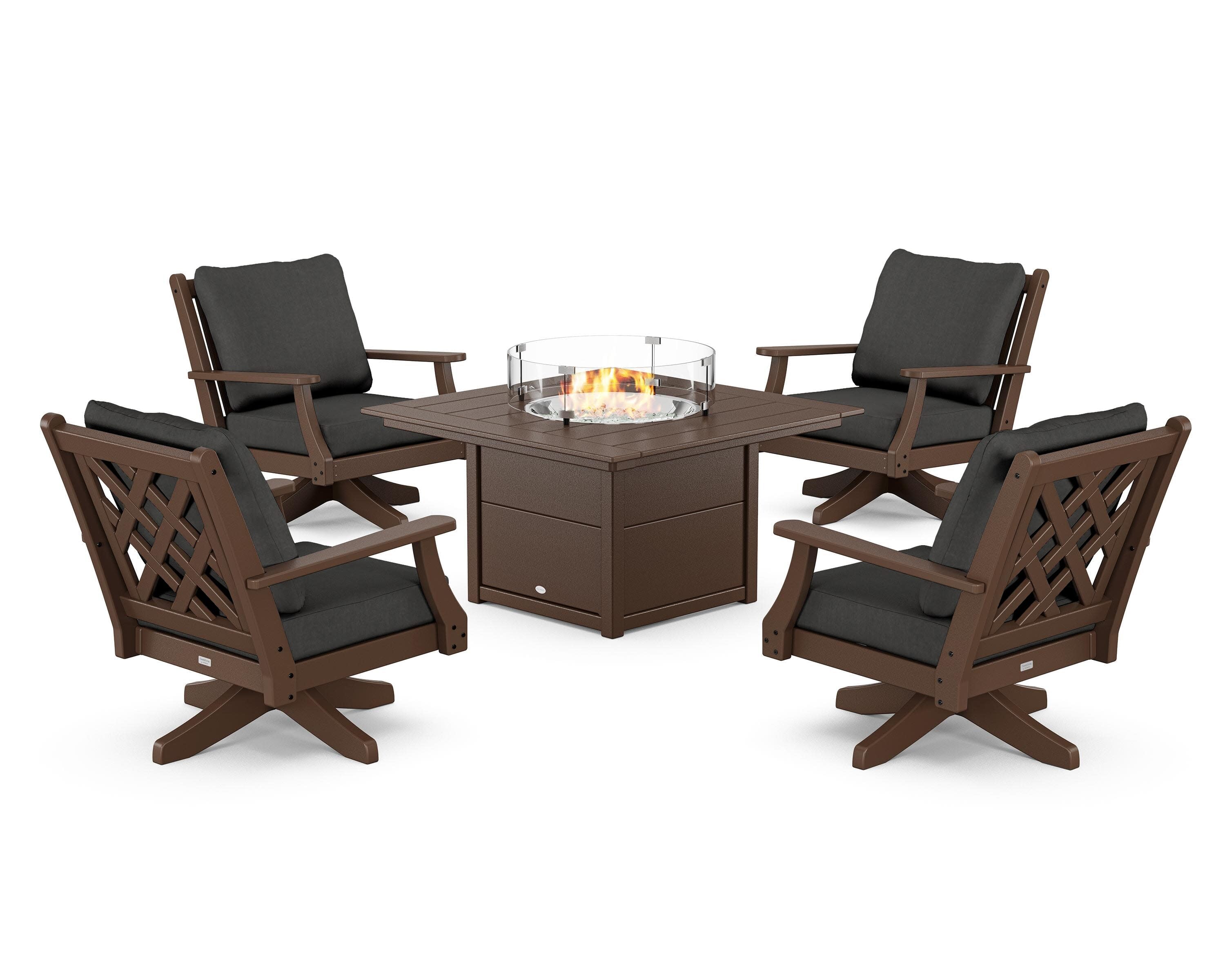 Wovendale 5-Piece Deep Seating Swivel Conversation Set with Fire Pit Table in Mahogany / Spectrum Carbon
