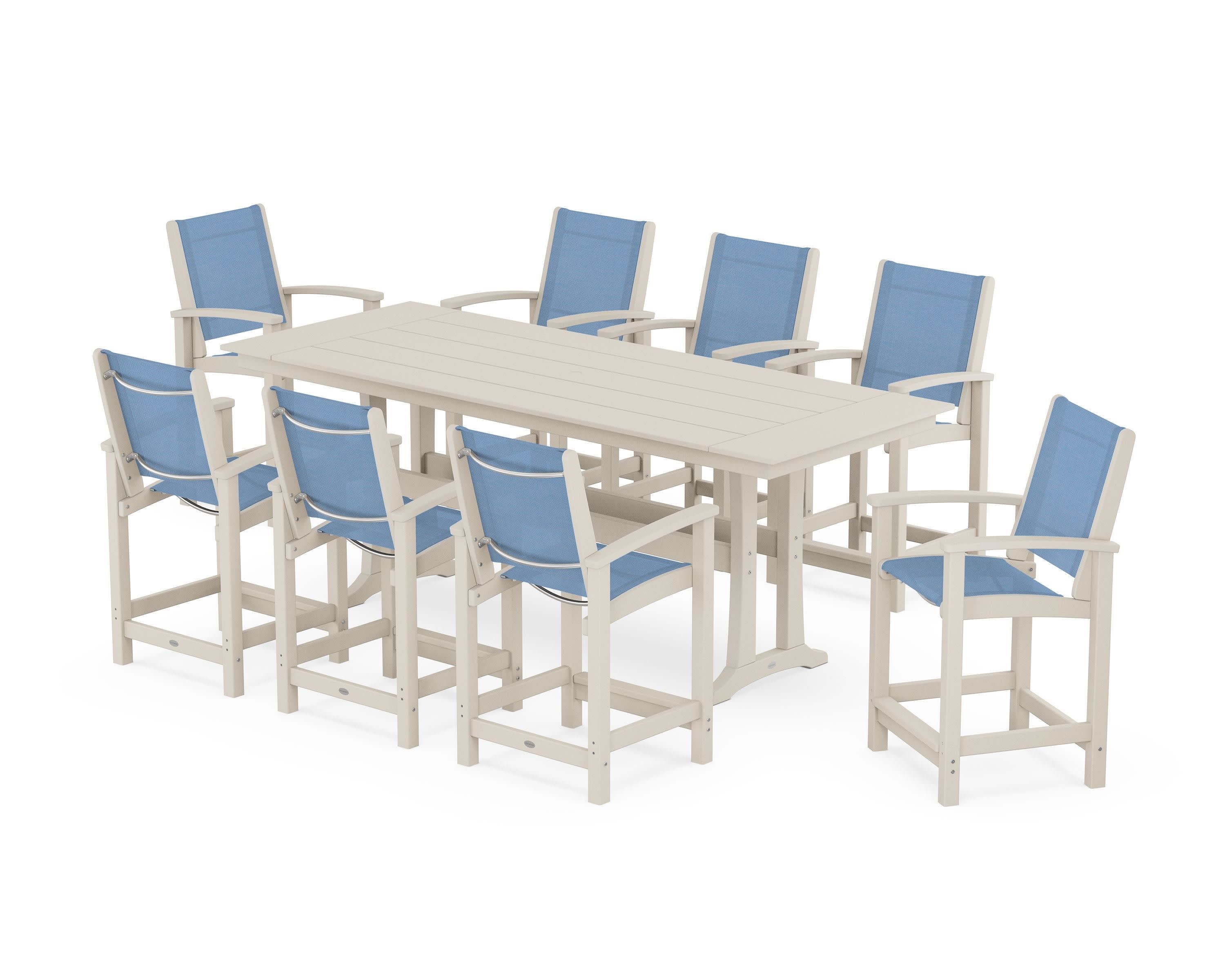 Coastal 9-Piece Farmhouse Counter Set with Trestle Legs in Sand / Poolside Sling