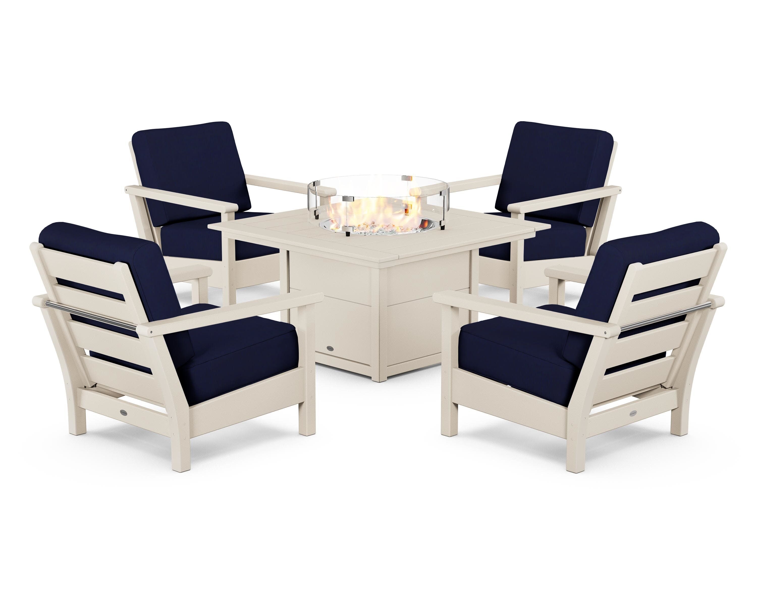 Harbour 5-Piece Conversation Set with Fire Pit Table in Sand / Navy