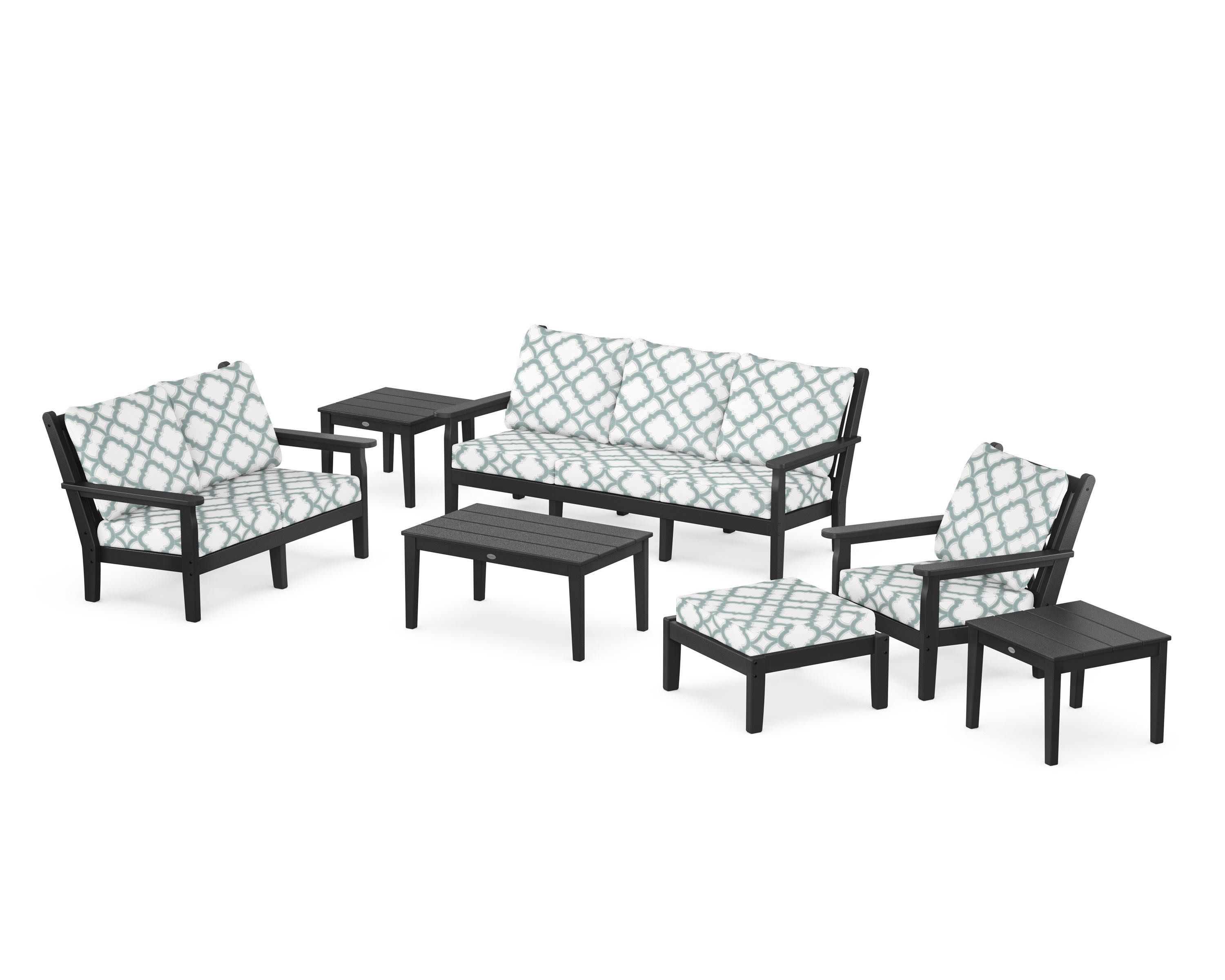 Chippendale 7-Piece Deep Seating Set in Black / Trellis Glacier Spa