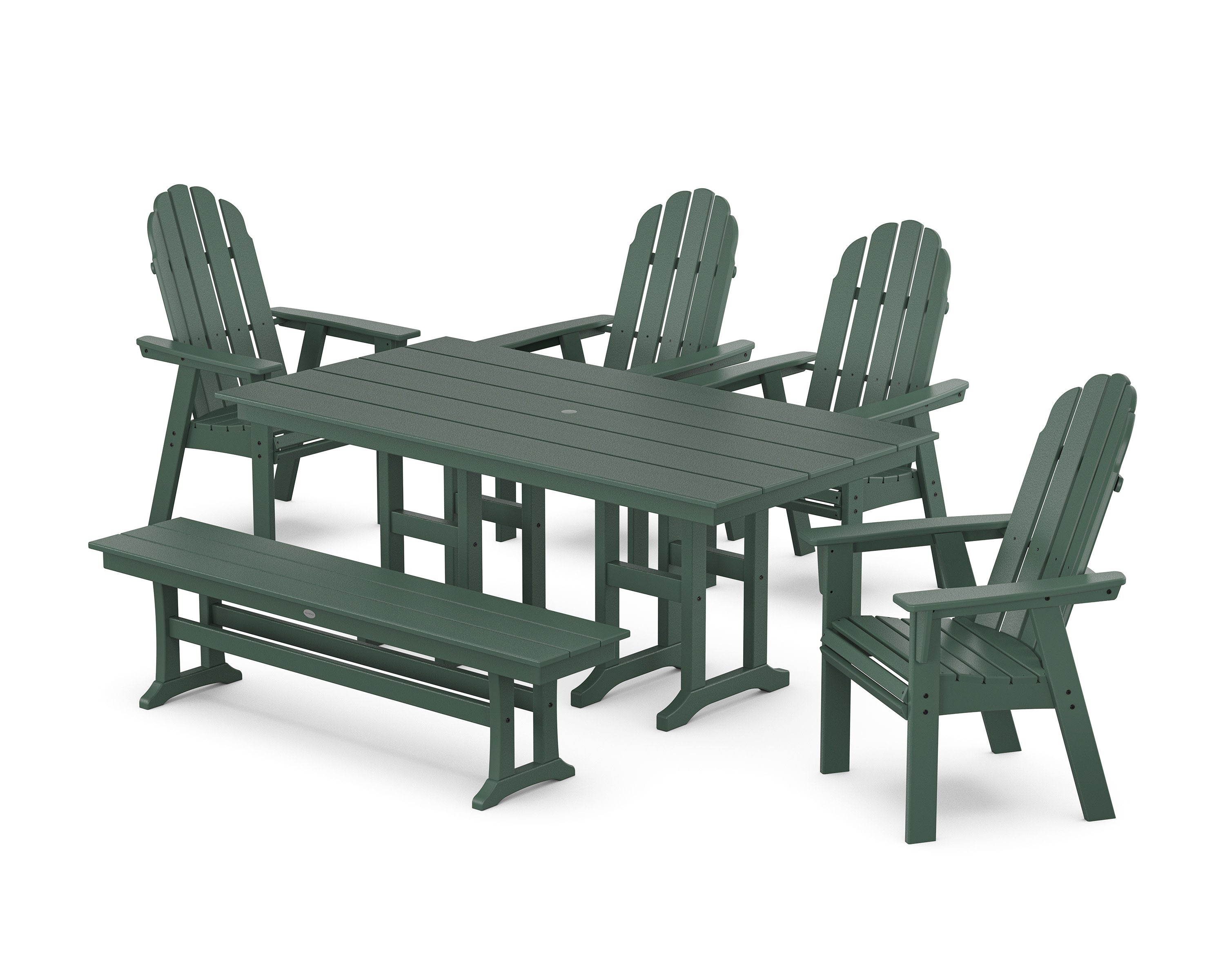 Vineyard Curveback Adirondack Chair 6-Piece Farmhouse Dining Set with Bench in Green