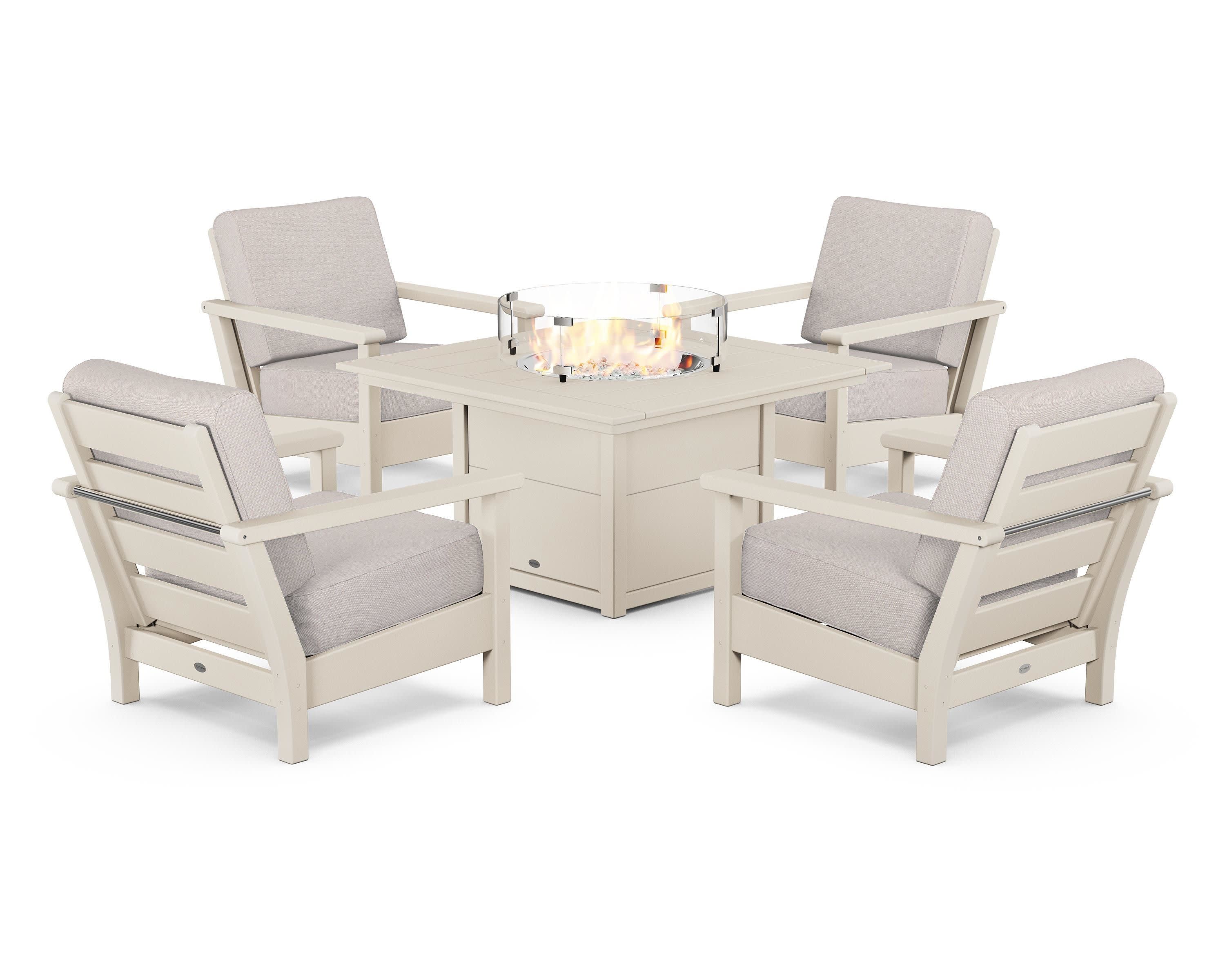 Harbour 5-Piece Conversation Set with Fire Pit Table in Sand / Dune Burlap
