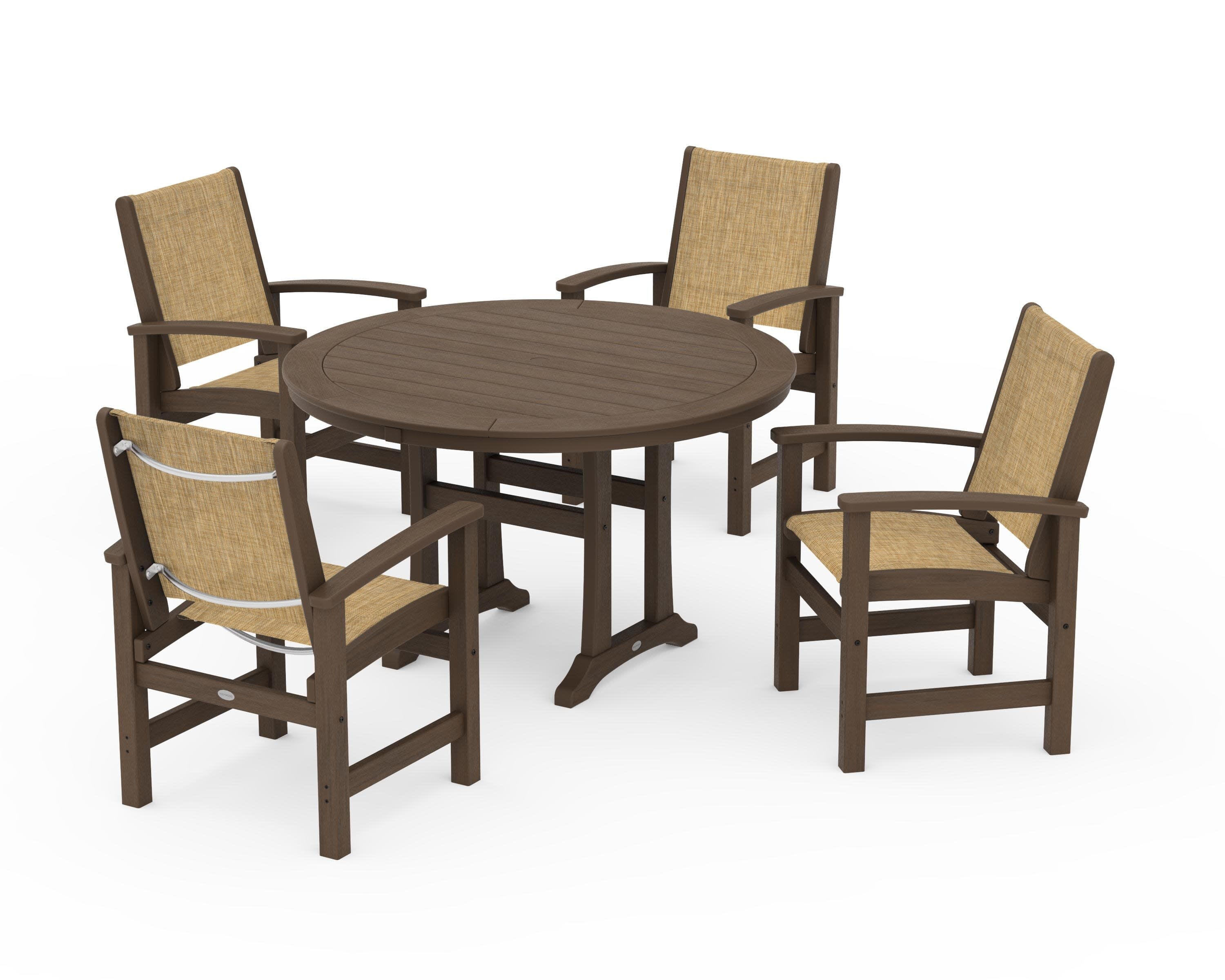 Coastal 5-Piece Round Dining Set with Trestle Legs in Kona / Burlap Sling