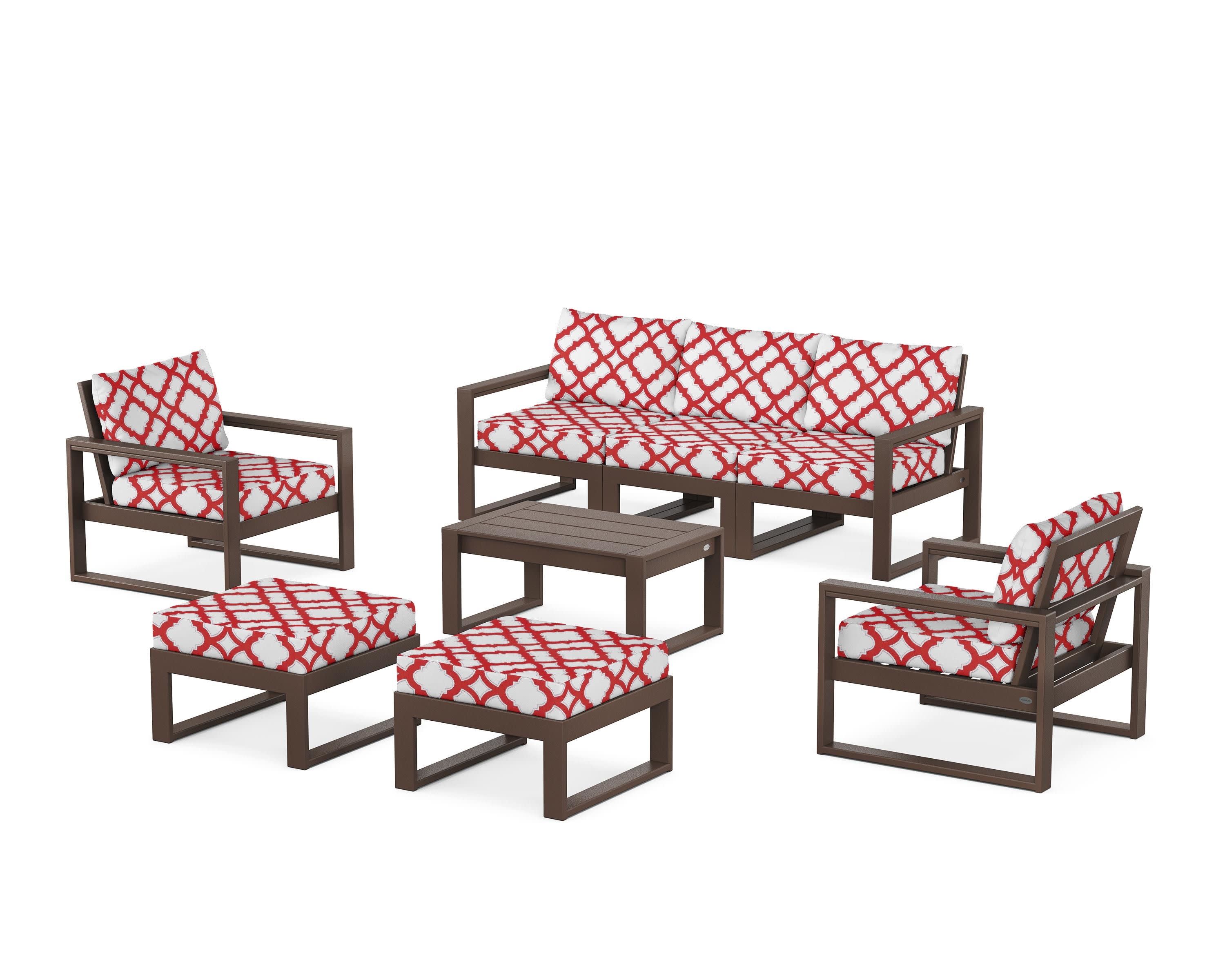 EDGE Sectional 8-Piece Lounge Sofa Set in Mahogany / Trellis Crimson