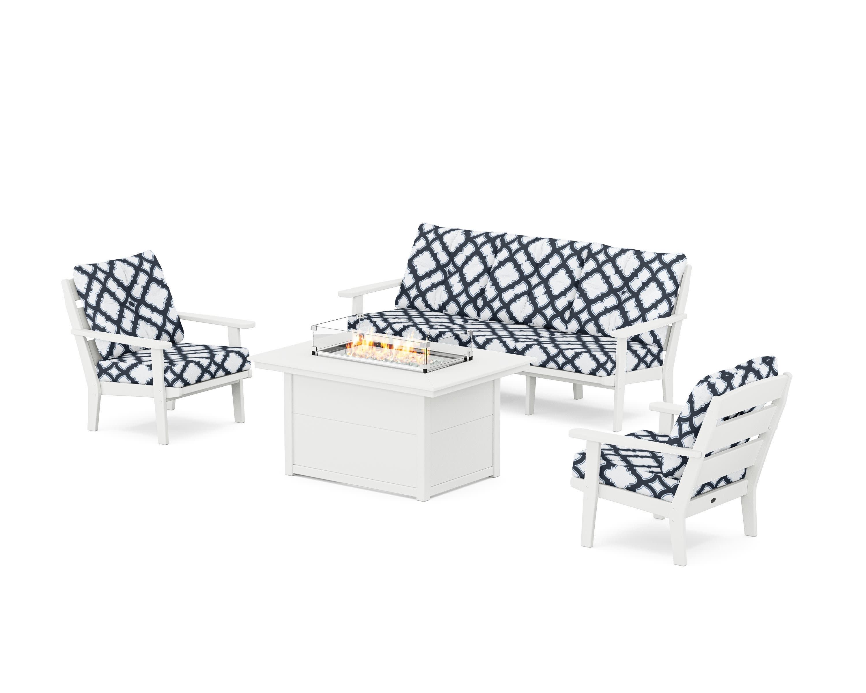 Lakeside Deep Seating Fire Pit Table Set in White / Trellis Marine Indigo