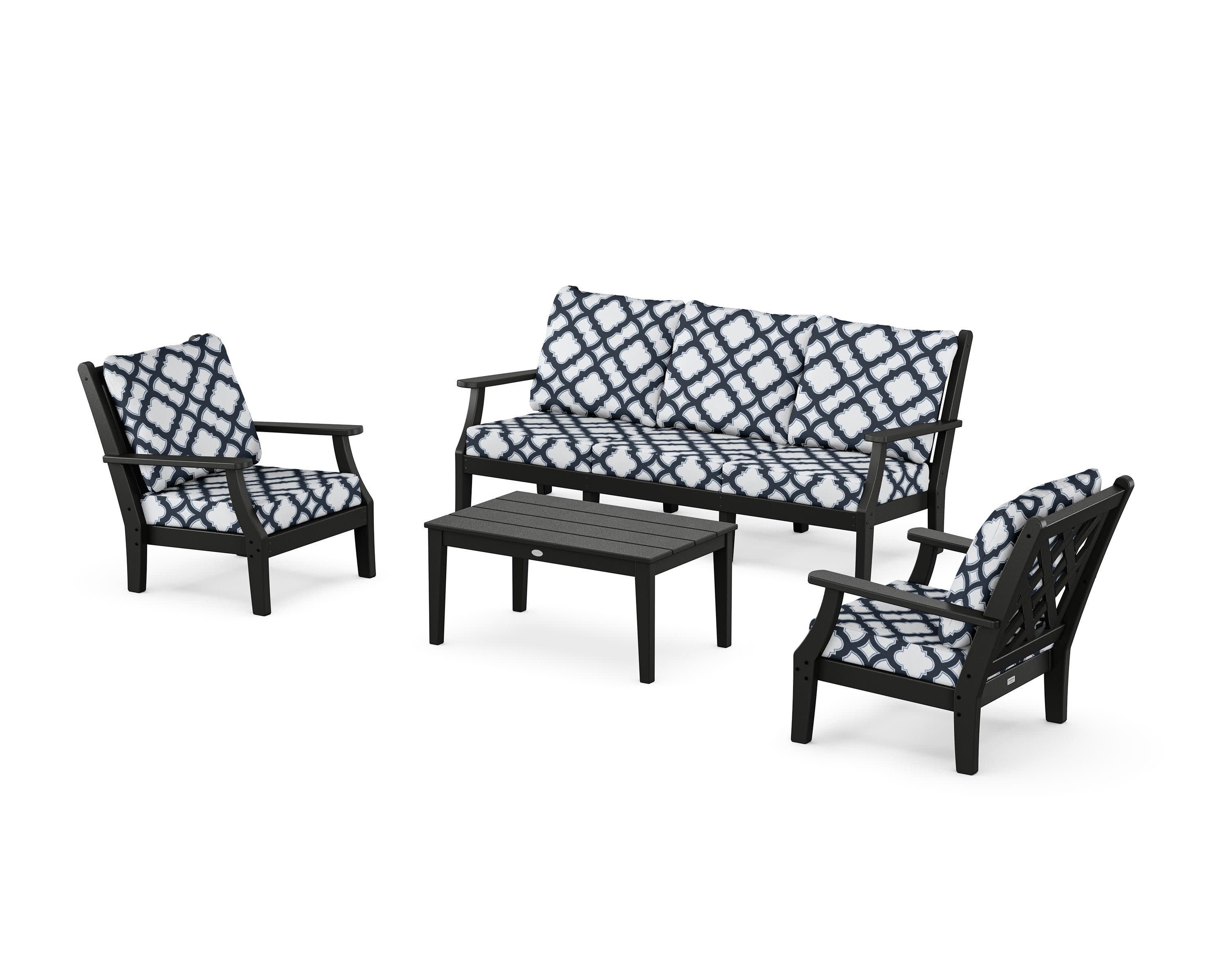 Wovendale 4-Piece Deep Seating Set with Sofa in Black / Trellis Marine Indigo