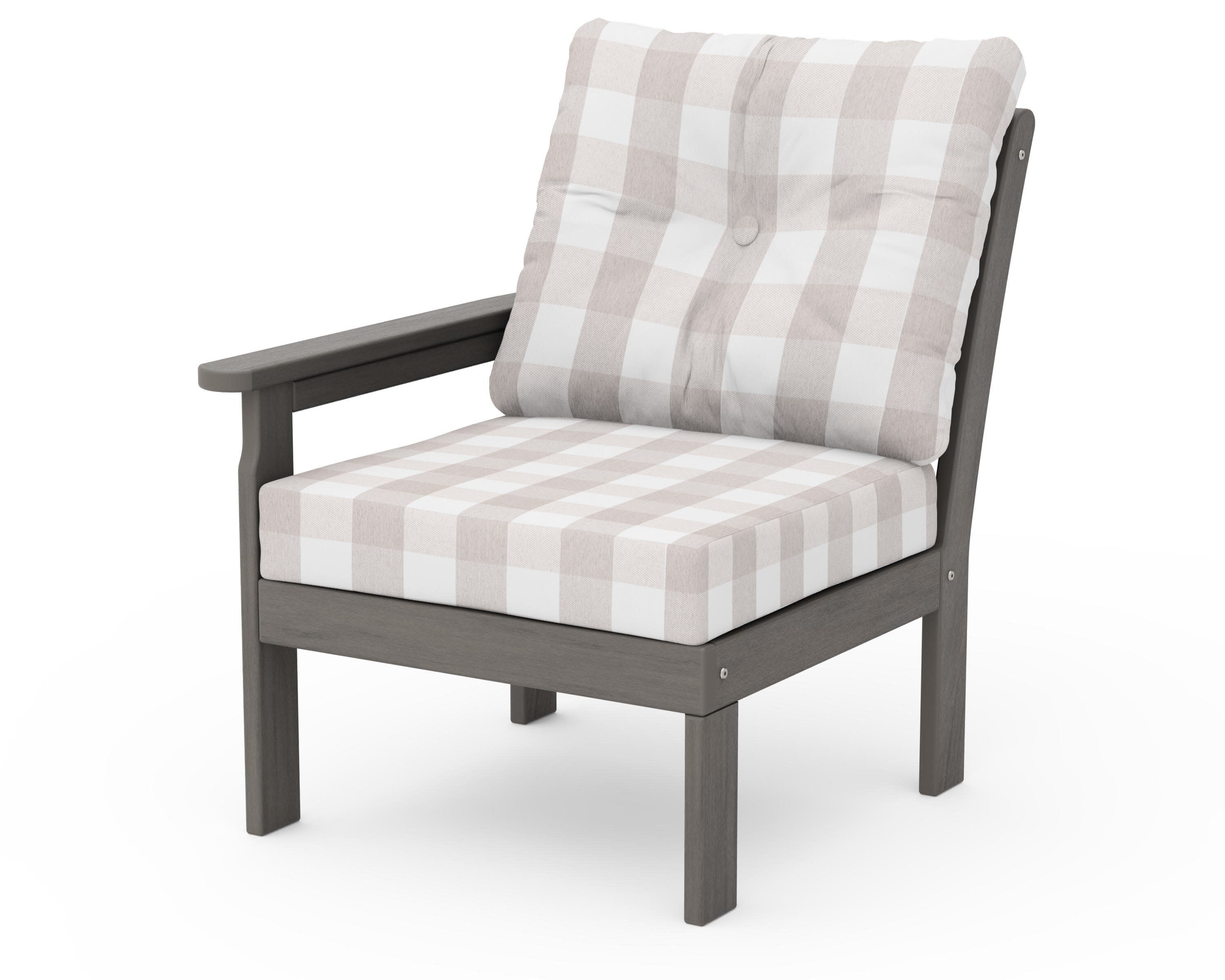 Vineyard Modular Left Arm Chair in Driftwood / Buffalo Plaid Dune Burlap
