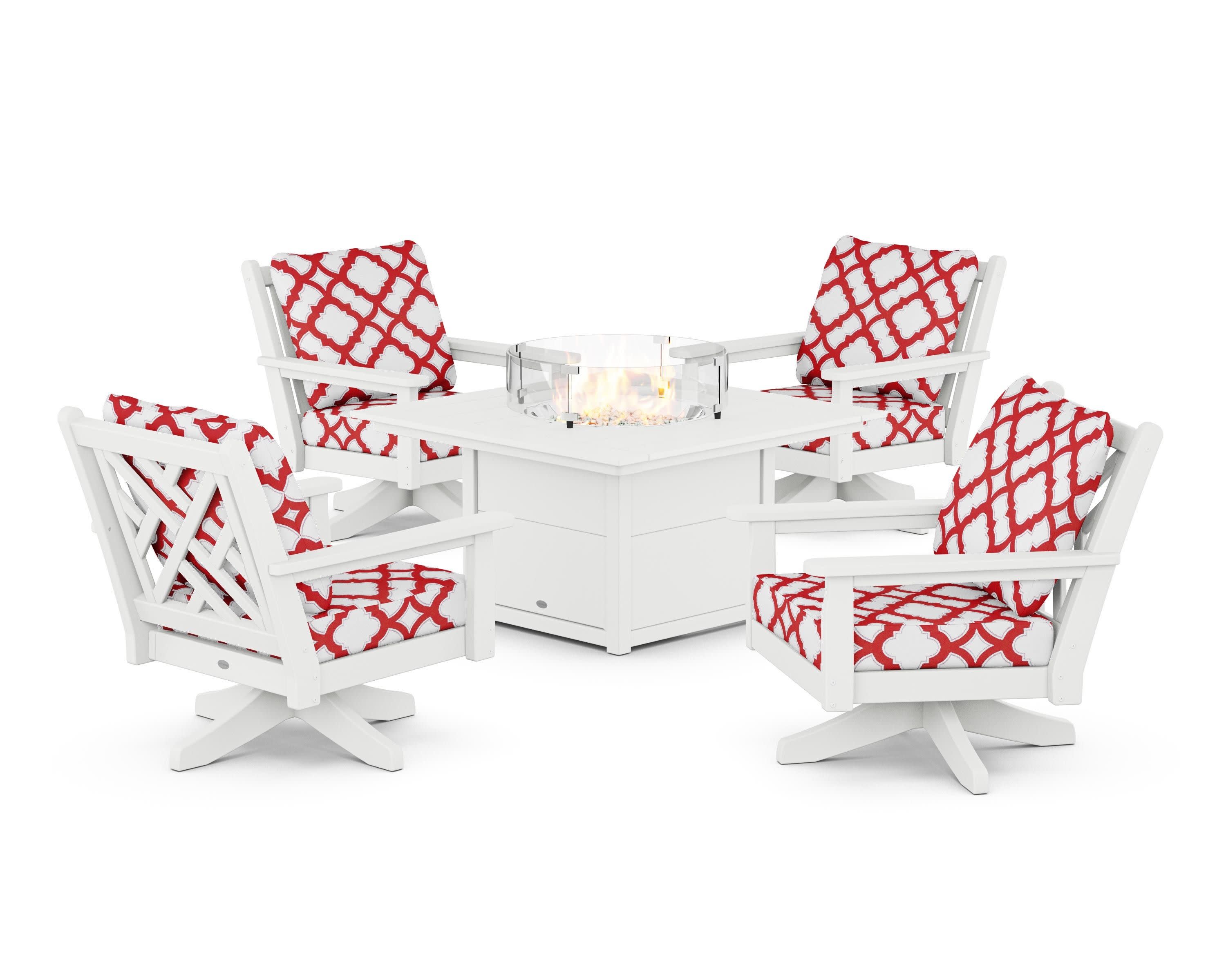 Chippendale 5-Piece Deep Seating Swivel Conversation Set with Fire Pit Table in White / Trellis Crimson